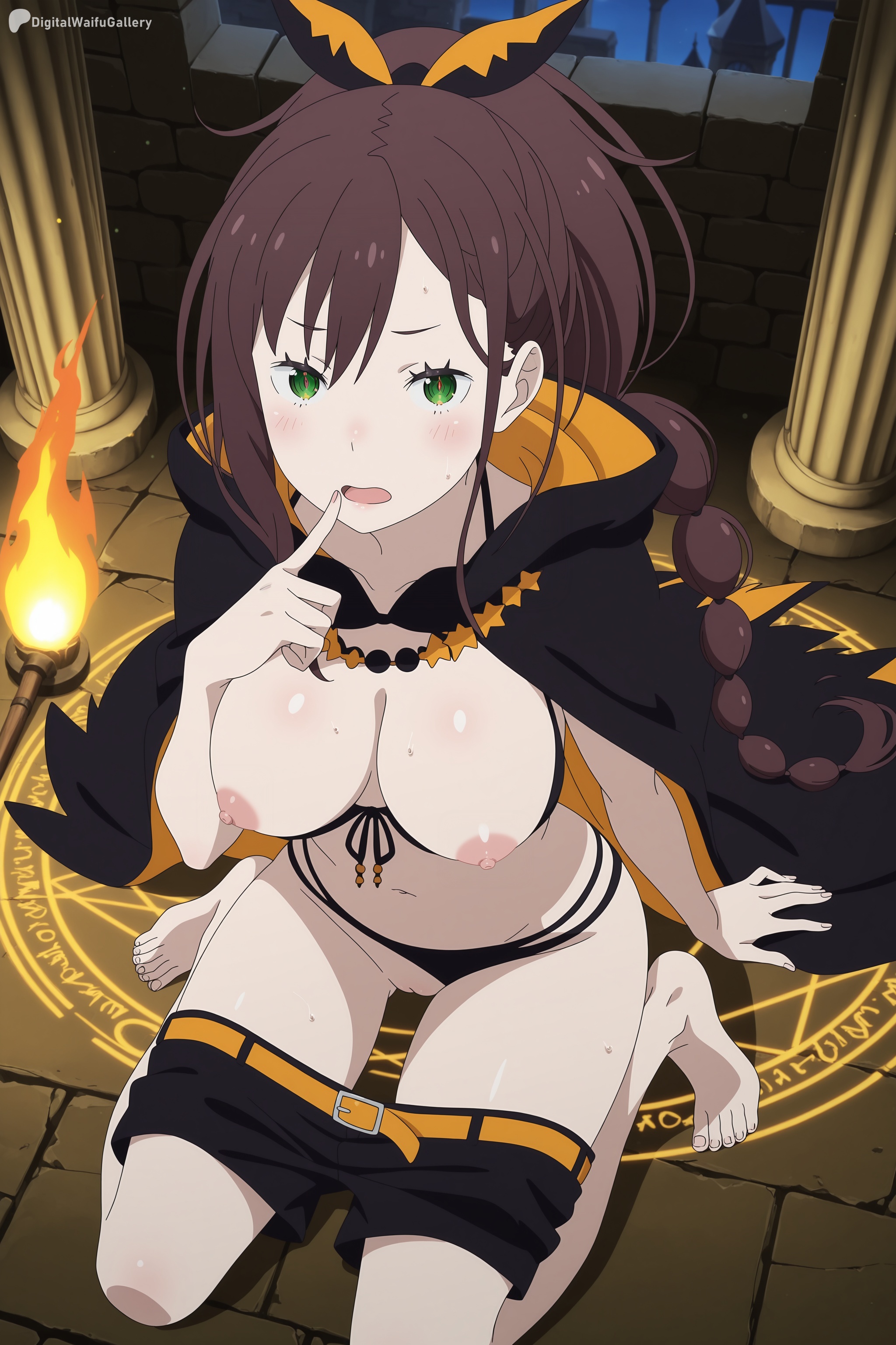 1girl, ai generated, barefoot, belt, bikini, bikini bottom aside, bikini pull, black bikini, black cape, black shorts, blush, braid, breasts, breasts out, brown hair, cape, clothes pull, clothing aside, digitalwaifugallery, finger to mouth, fire, front-tie bikini top, front-tie top, green eyes, hi res, high quality, high resolution, large breasts, long hair, looking at viewer, multi-tied hair, navel, nipples, open mouth, orange belt, patreon, ponytail, pussy, re:zero kara hajimeru isekai seikatsu, seductive, sexy, shaula (re:zero), shorts, shorts pull, sitting, solo, sweat, swimsuit, uncensored, watermark