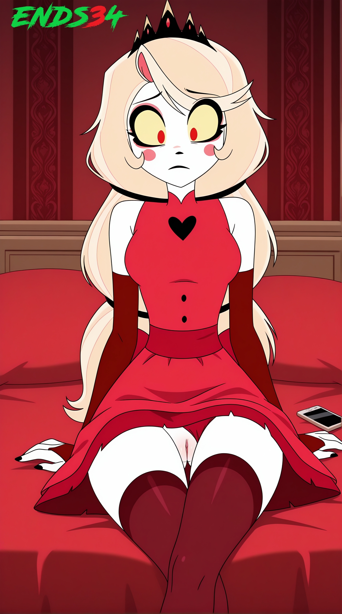 ai art, ai generated, blonde hair, breasts, charlie morningstar (hazbin hotel), dress, ends34, female, female focus, hazbin hotel, long hair, medium breasts, open mouth, pussy, red eyes, sitting, stockings