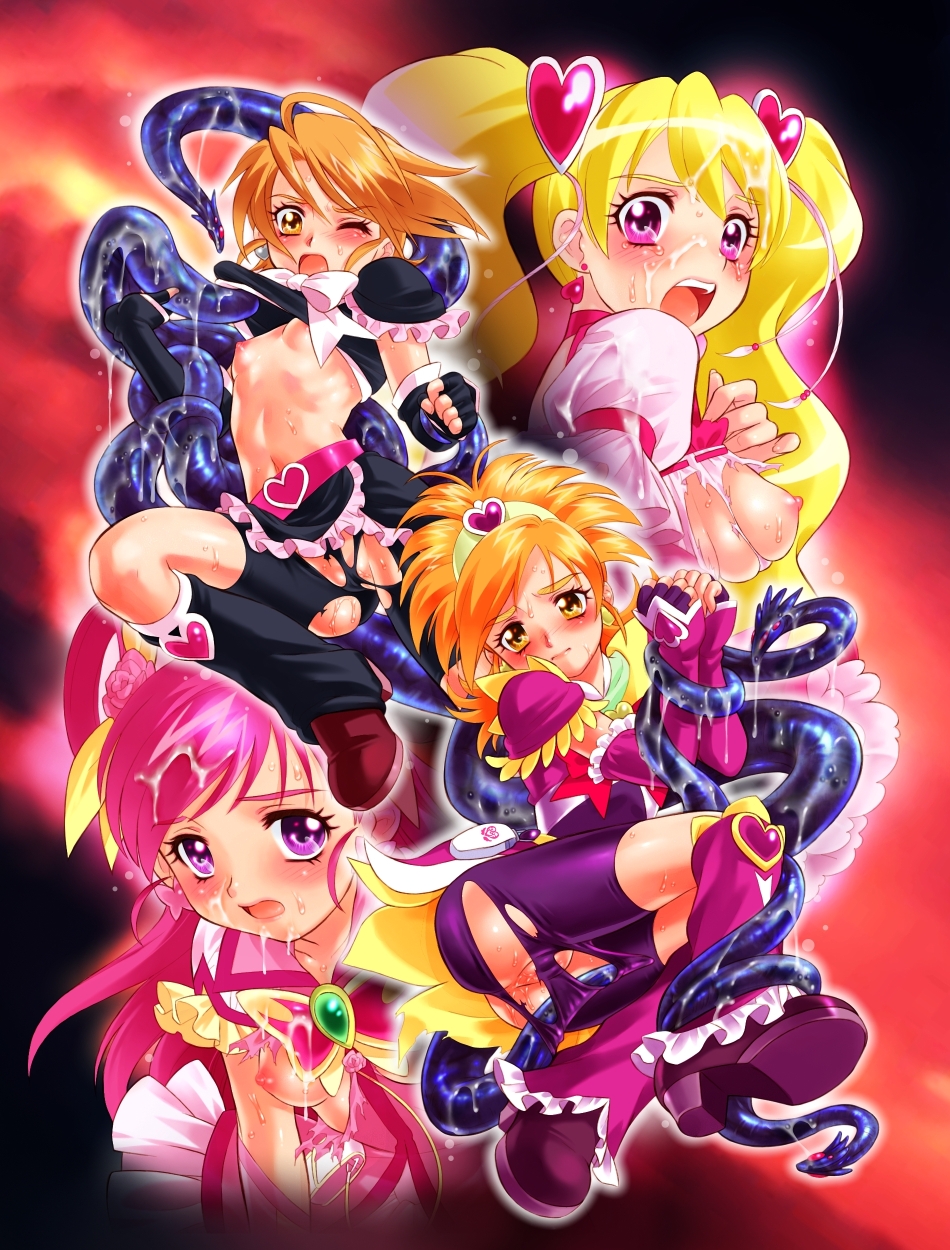 blush bondage breasts breasts_out clothing cum cure_black cure_bloom cure_dream cure_peach femsub flat_chest futari_wa_precure hyuuga_saki love_momozono magical_girl misumi_nagisa momozono_love multiple_girls multiple_subs nekozawa_yukari nozomi_yumehara pretty_cure shorts sippo-soft small_breasts tentacle torn_clothes