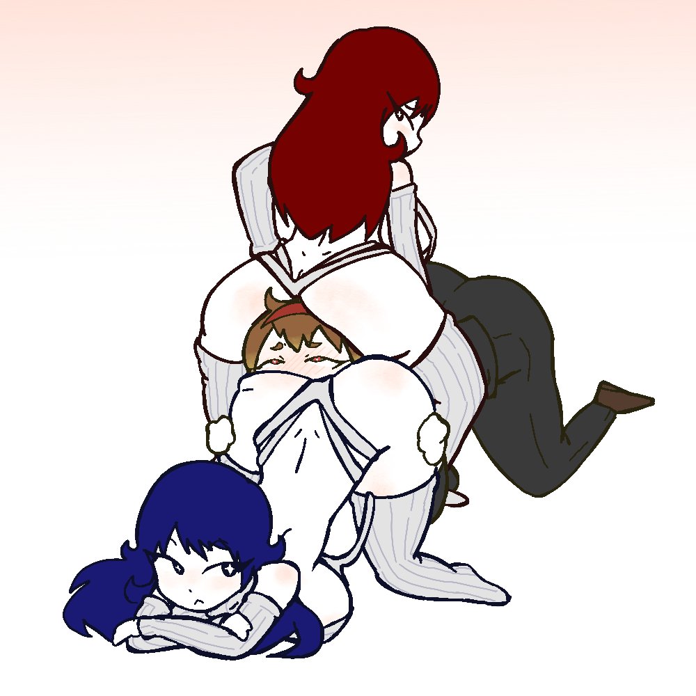 ass, blue hair, blush, bongbong, clothed, diddlesdoodles, face down ass up, half naked, lesbian focus, lobotomy corporation, malkuth (lobotomy corporation), project moon, red hair, variant set, white body, yumyum, yuri