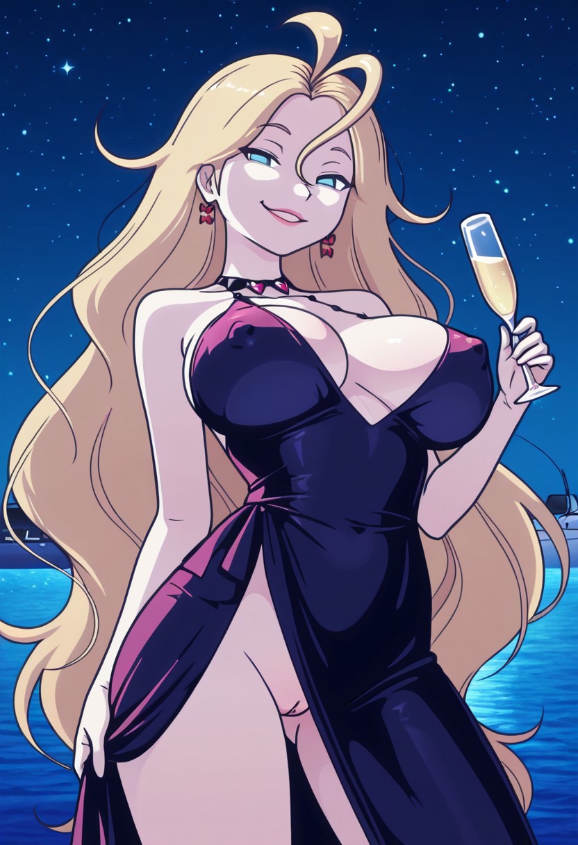 ahoge, ai generated, big breasts, blonde hair, blue eyes, breasts, champagne, cleavage, covered navel, covered nipples, curves, derpixon, earrings, elegant dress, female, flashing, flashing pussy, holding champagne glass, inner sideboob, large boobs, large breasts, large tits, long hair, messy hair, naughty face, necklace, night, no panties, no pubic hair, no pupils, party, purple dress, pussy, sea, sexy dress, smiling, smiling at viewer, smirk, smirking, valentine (derpixon), very long hair, yacht