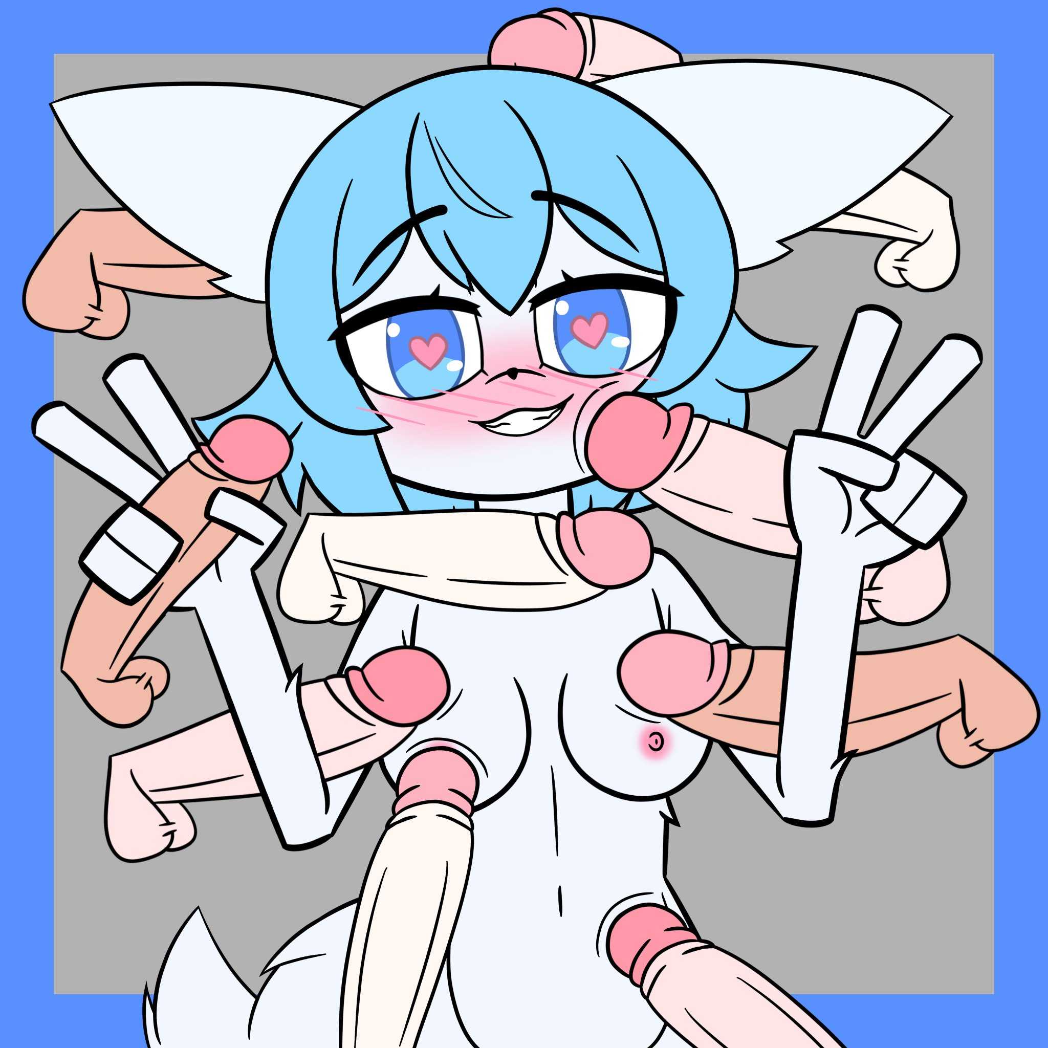 1female, female, heart-shaped pupils, male, multiple penises, peace sign, penis, tagme, virtual youtuber, wolf girl, wolfychu, youtube, youtuber