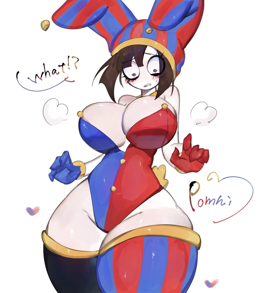 2023, 2d, 2d (artwork), 2d artwork, big breasts, big thighs, breasts, brown hair, bunny ears, bunnysuit, confused, dialogue, female, glitch productions, gloves, gooseworx, huge breasts, huge thighs, jester, jester costume, jester hat, jester outfit, looking down, pomni (the amazing digital circus), short hair, the amazing digital circus, thick thighs, toge77789, togetoge, white body