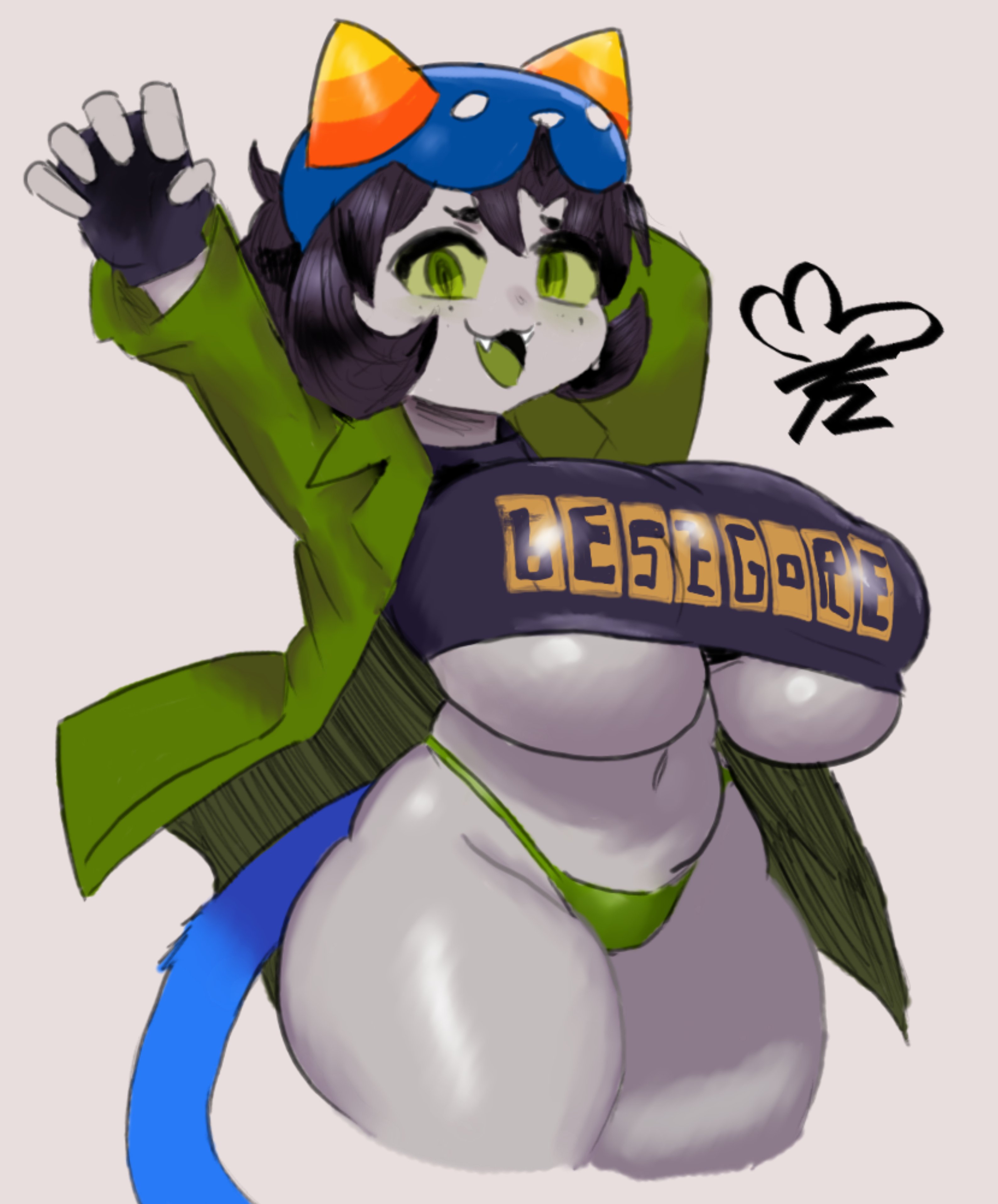 :3, :3d, 1female, 1girls, 2d, 2d (artwork), 2d artwork, arms up, artist signature, big breasts, black hair, breasts, breasts bigger than head, cat tail, color, curvy, cute, cute face, fangs, female, female focus, female only, fingerless gloves, front view, green eyes, green jacket, green panties, grey body, grey skin, happy, happy female, headgear, headwear, highleg panties, homestuck, horns, huge breasts, jacket, large breasts, midriff, navel, nepeta leijon, no pants, open mouth, orange horn, panties, plump, sharp teeth, simple background, solo, solo female, solo focus, string panties, teztaz, thick thighs, thong, troll, troll female, underboob, voluptuous, wide hips
