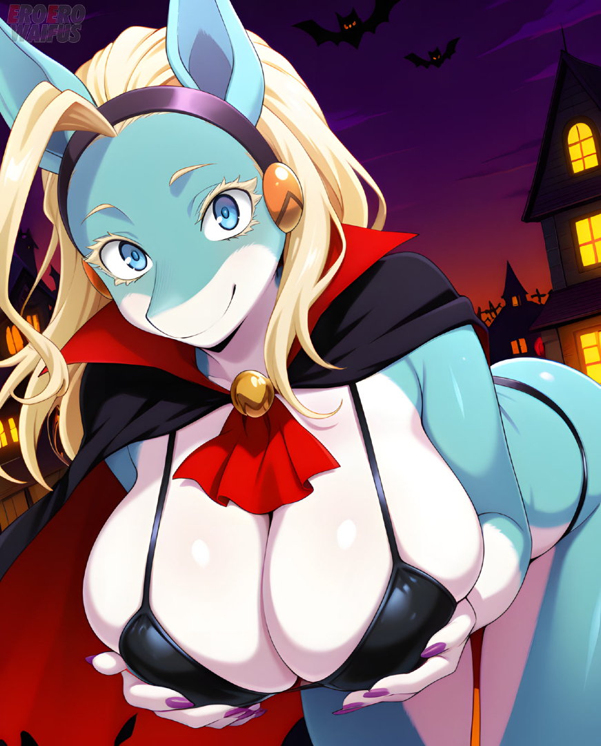 ai generated, bare thighs, bikini, blonde hair, blue body, blue eyes, blue skin, boku no hero academia, breast grab, breasts, eroero waifus, female, fur, furry, furry ears, furry female, gigantic breasts, halloween, huge breasts, huge thighs, ippan josei, long hair, looking at viewer, massive breasts, my hero academia, smiling, solo anthro, solo female, squatting, sweat, sweatdrop, thick body, thick female, thick thighs, thighs, vampire, vampire girl, voluptuous, voluptuous female