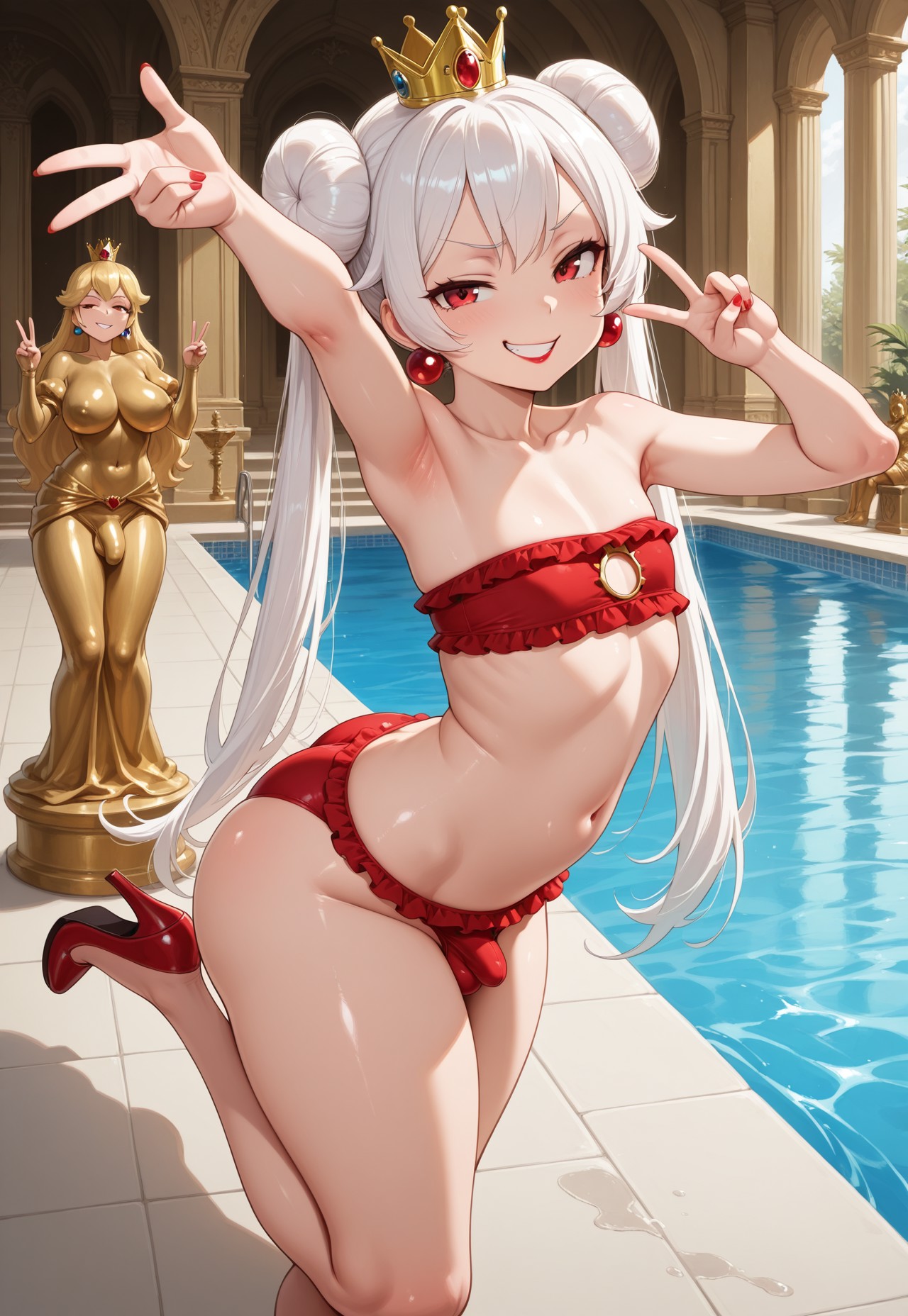 ai generated, big ass, bikini, bulge, femboy, male, pool, princess, sustaco