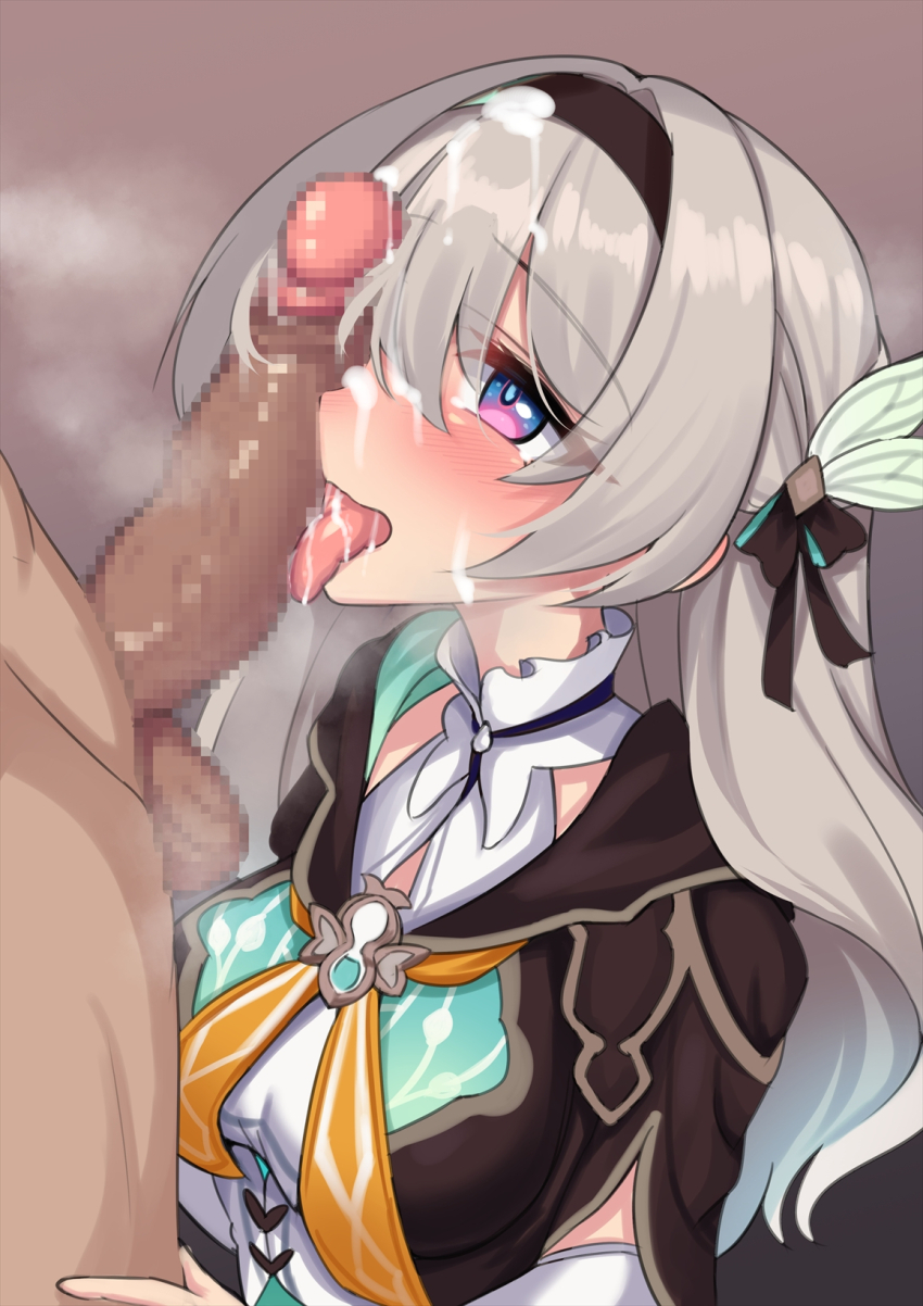 1boy, 1girls, blush, censored, clothed female nude male, cum, cum on face, cum on hair, dark-skinned male, ebon, ebon umax, firefly (honkai: star rail), gradient eyes, gradient hair, hair ornament, headband, honkai (series), honkai: star rail, licking, licking penis, long hair, looking at partner, looking up, multicolored eyes, penis, penis on face, saliva, silver hair, simple background, tongue, tongue out