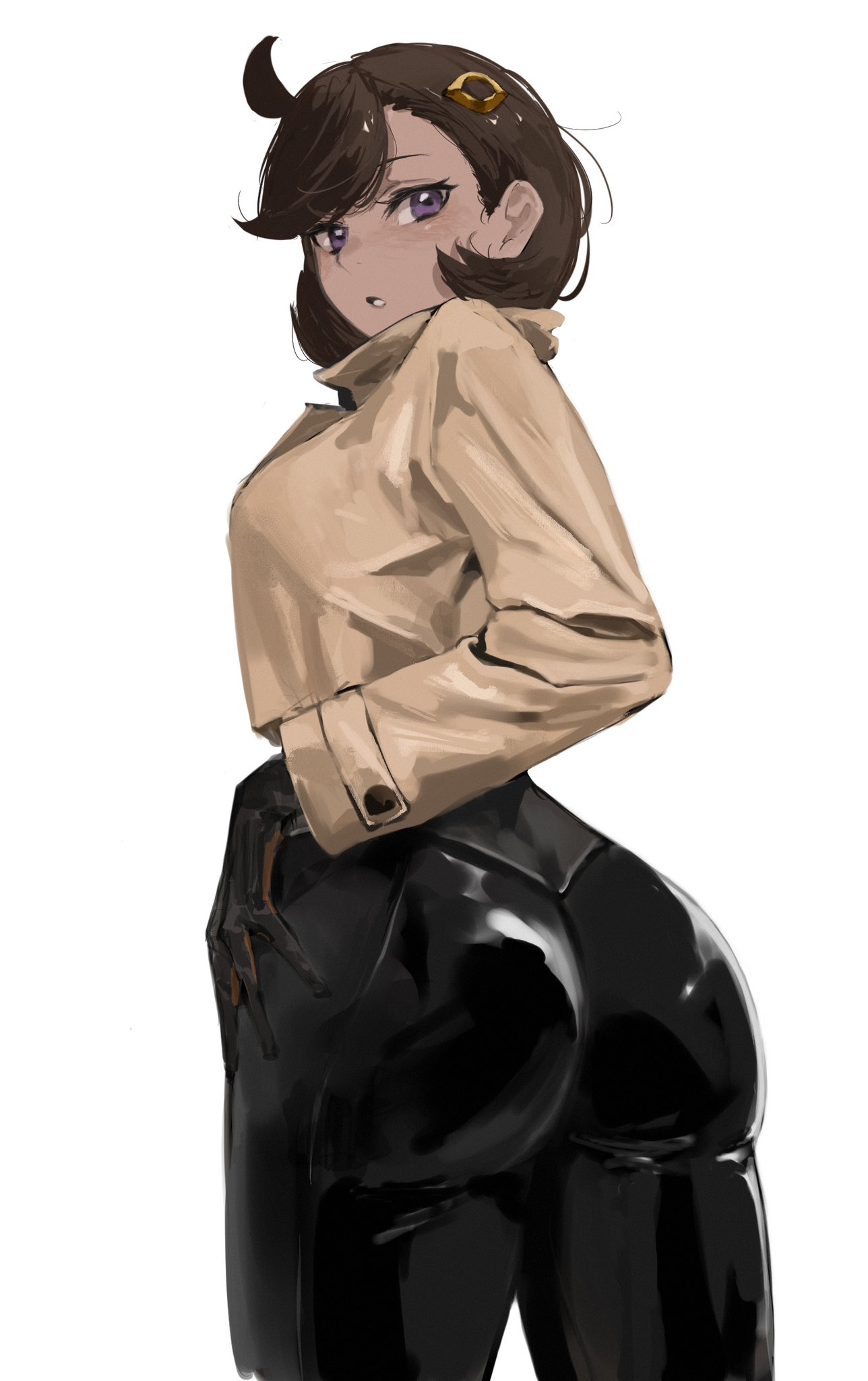 2025, ass, ass focus, bodysuit, coat, emma (pokemon), female, fully clothed, human, human only, jacket, jpeg, matiere (pokemon legends: z-a), matiere (pokemon), mature female, pokemon, pokemon legends: z-a, raberu ruru, sexy pose, spats, yoga pants