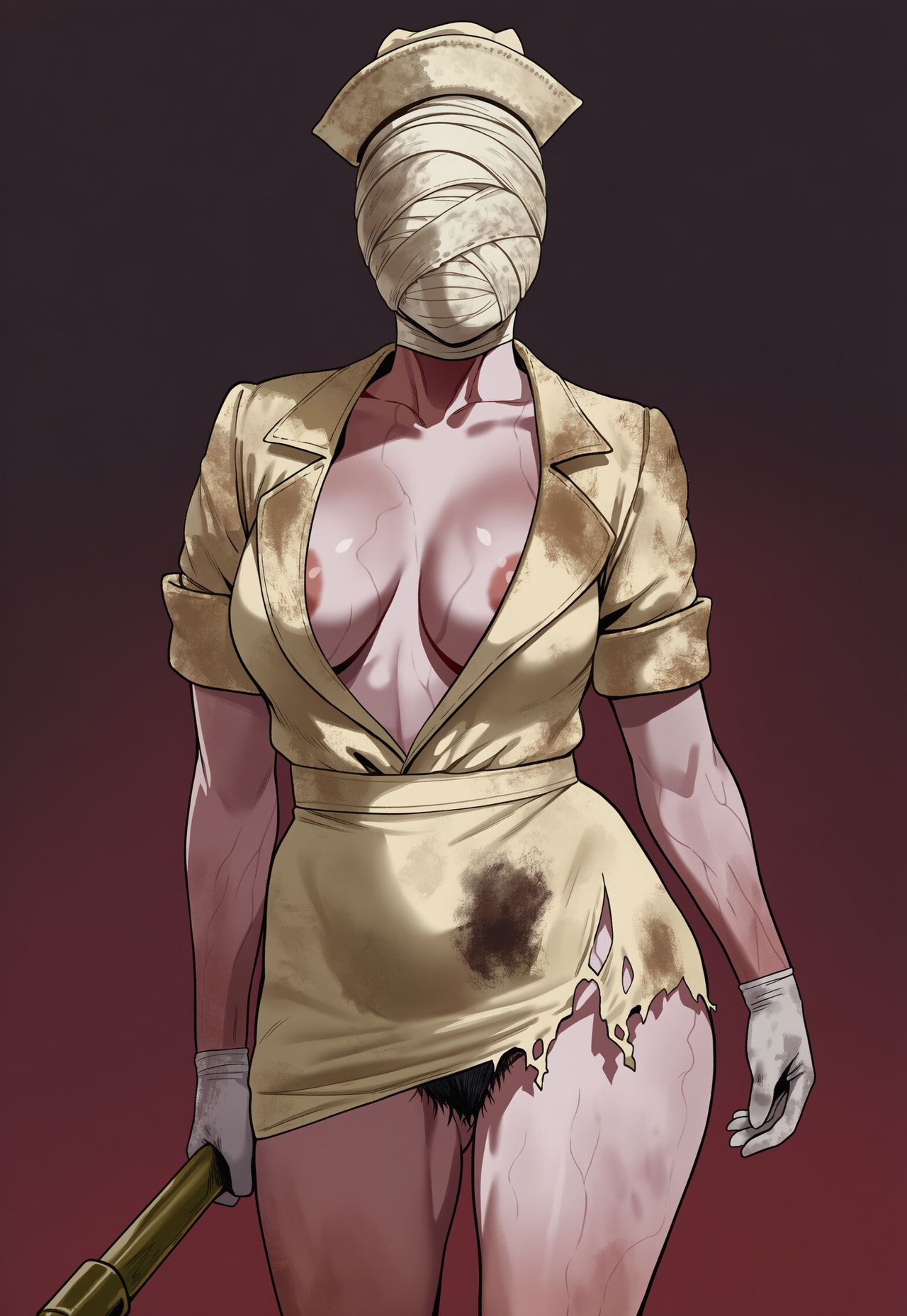 ai generated, areola slip, bandaged head, big breasts, breasts, bubble head nurse, colored skin, dirty, dirty clothing, excessive pubic hair, female, gloves, hidden face, holding object, jagat ai, medium breasts, monster girl, nurse, nurse cap, nurse uniform, plain background, pubic hair, pubic hair peek, silent hill, solo, torn clothes, undead, zombie, zombie girl