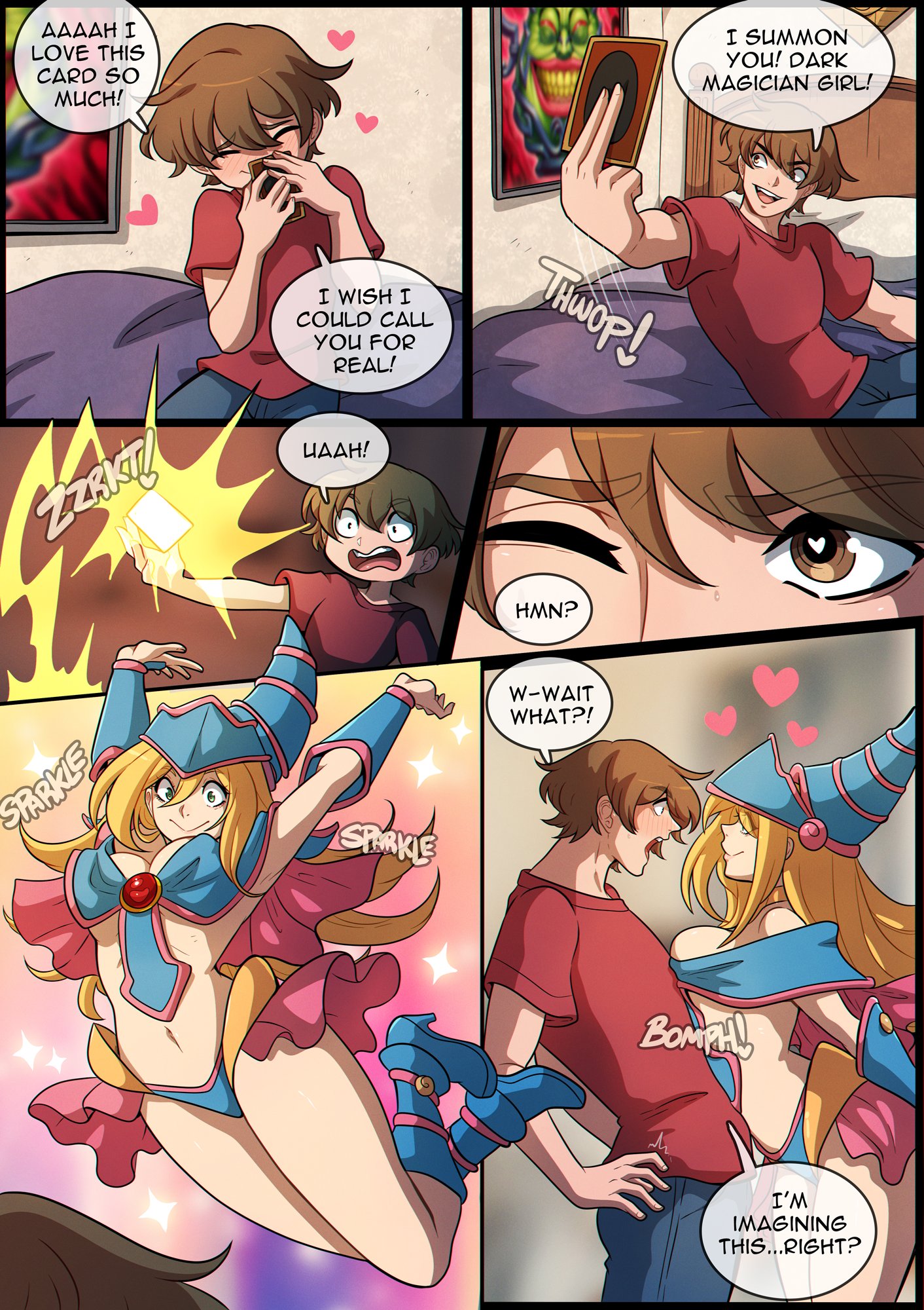 1boy, 1girls, card, clothed, clothing, comic, comic page, dark magician girl, duo, female, imminent sex, kinkymation, light skin, light-skinned female, light-skinned male, male, yu-gi-oh!