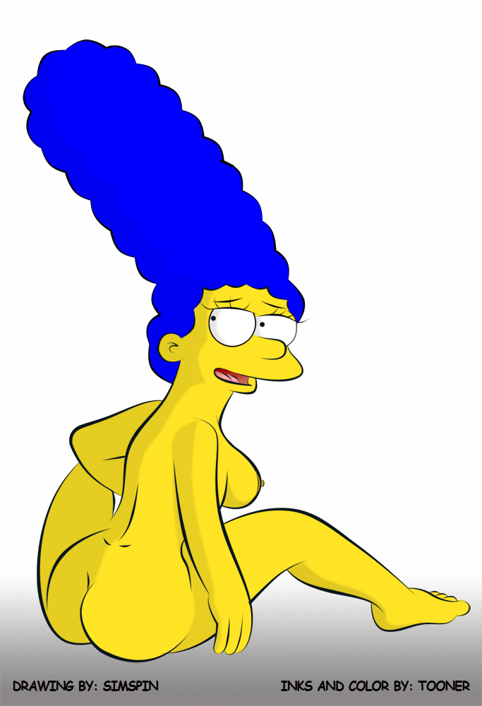 ass blue_hair breasts color curly_hair exposed_breasts eyes female female_only hair human long_hair looking_back marge_simpson nipples nudity open_eyes simspin sitting skin solo the_simpsons tooner yellow_skin