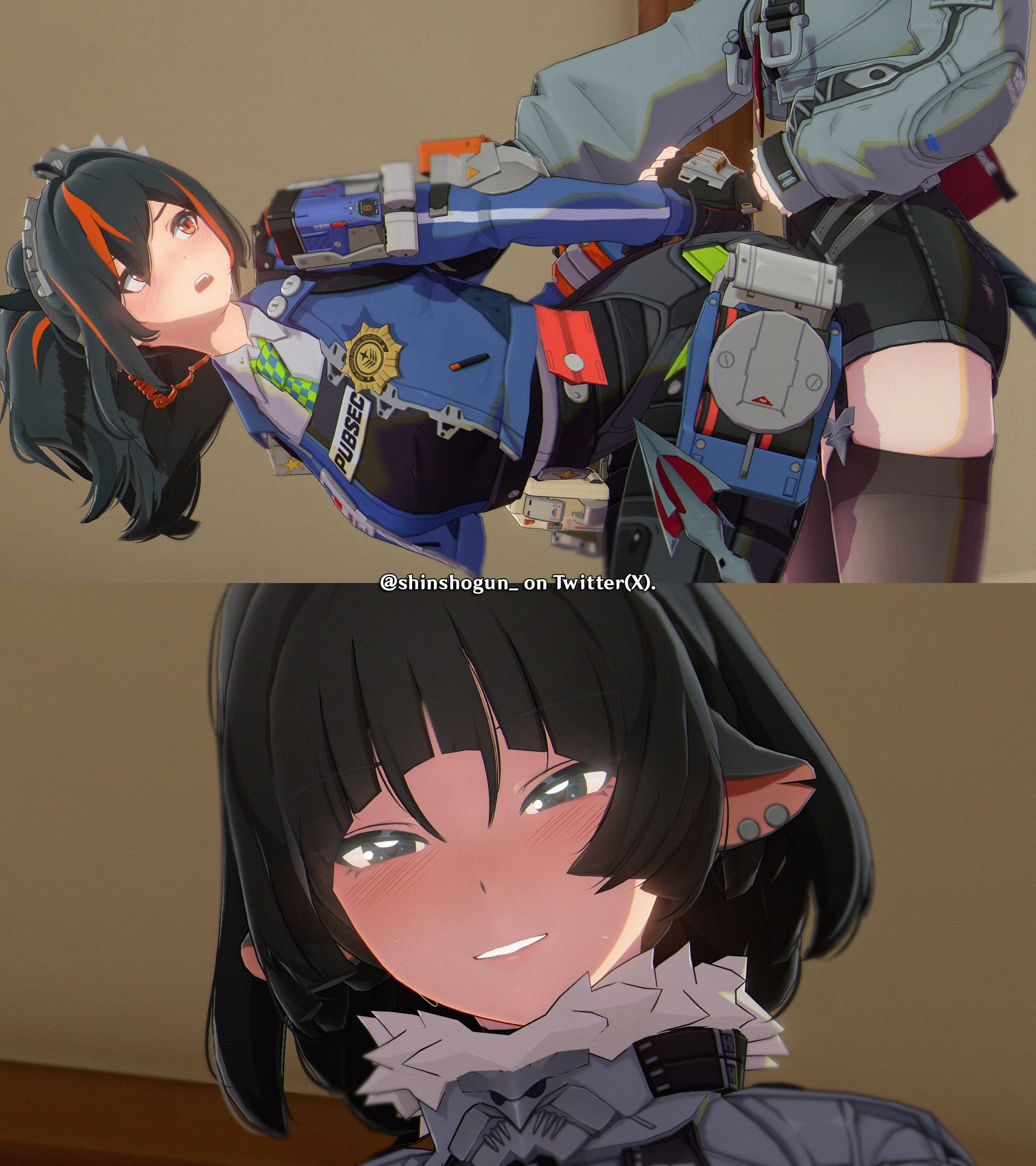 2girls, 3d, animal ears, badge, black hair, blush, dry humping, ear piercing, female, jane doe (zenless zone zero), lesbian, looking back, open mouth, shinshogun, smile, tail, yuri, zenless zone zero, zhu yuan