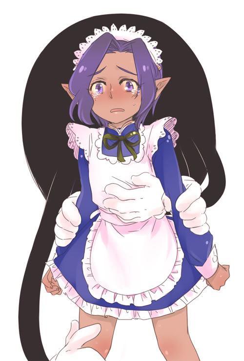 color crossdressing crossdressing_male cube dark_skin maid maid_uniform male male_only open_eyes open_mouth petite_princess_yucie pointy_ears princess_maker princess_maker_(series) purple_eyes purple_hair short_hair solo_focus standing tears white_background