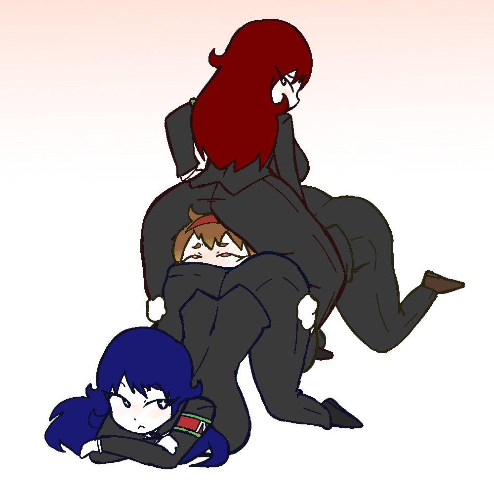 ass, blue hair, blush, bongbong, clothed, diddlesdoodles, face down ass up, lesbian focus, lobotomy corporation, malkuth (lobotomy corporation), project moon, red hair, suit, variant set, white body, yumyum, yuri