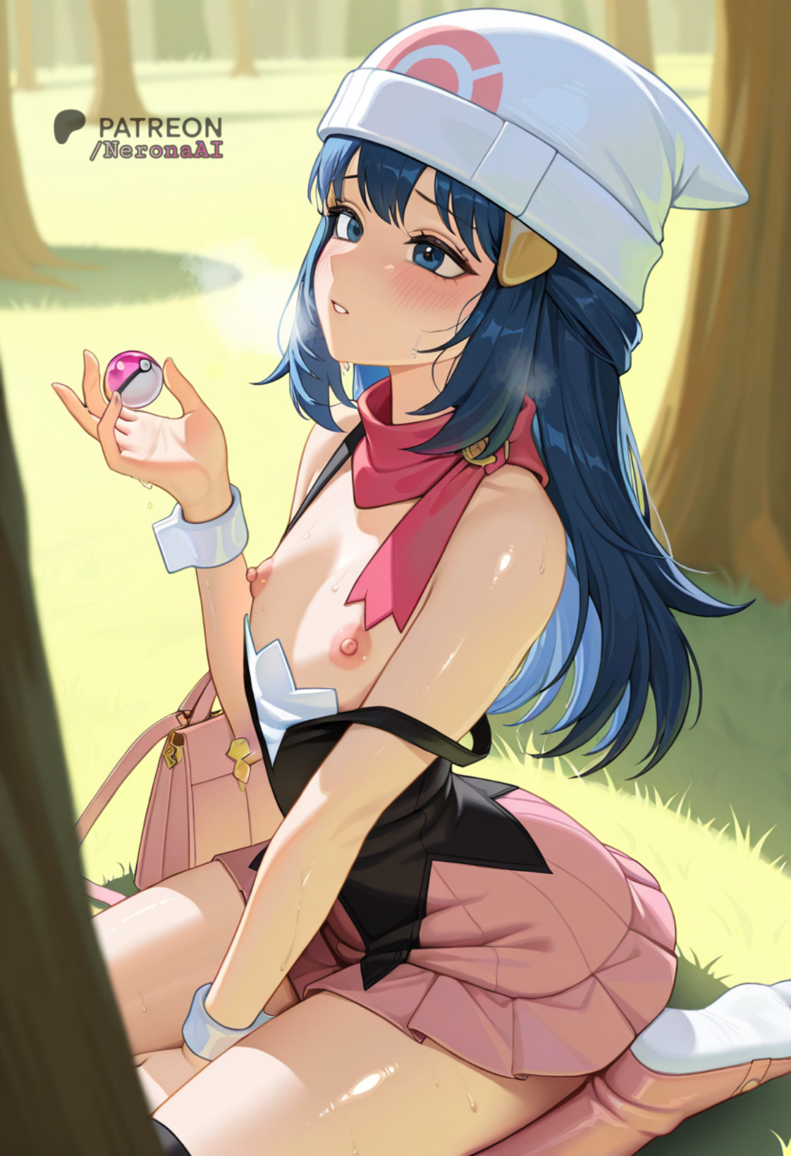 ai, ai assisted, ai generated, blue hair, blush, dawn (pokemon), female, flat chest, neronaai, nipples, outside, pokemon, sitting, steam, sweat