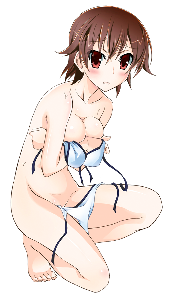 bikini blush breast_hold breasts brown_eyes brown_hair cleavage covering covering_breasts embarrassed female female_only human human_only k-on! matsuno_susumu mound_of_venus nodoka_manabe_(k-on!) red_eyes short_hair side-tie_bikini solo swimsuit transparent_background untied wardrobe_malfunction