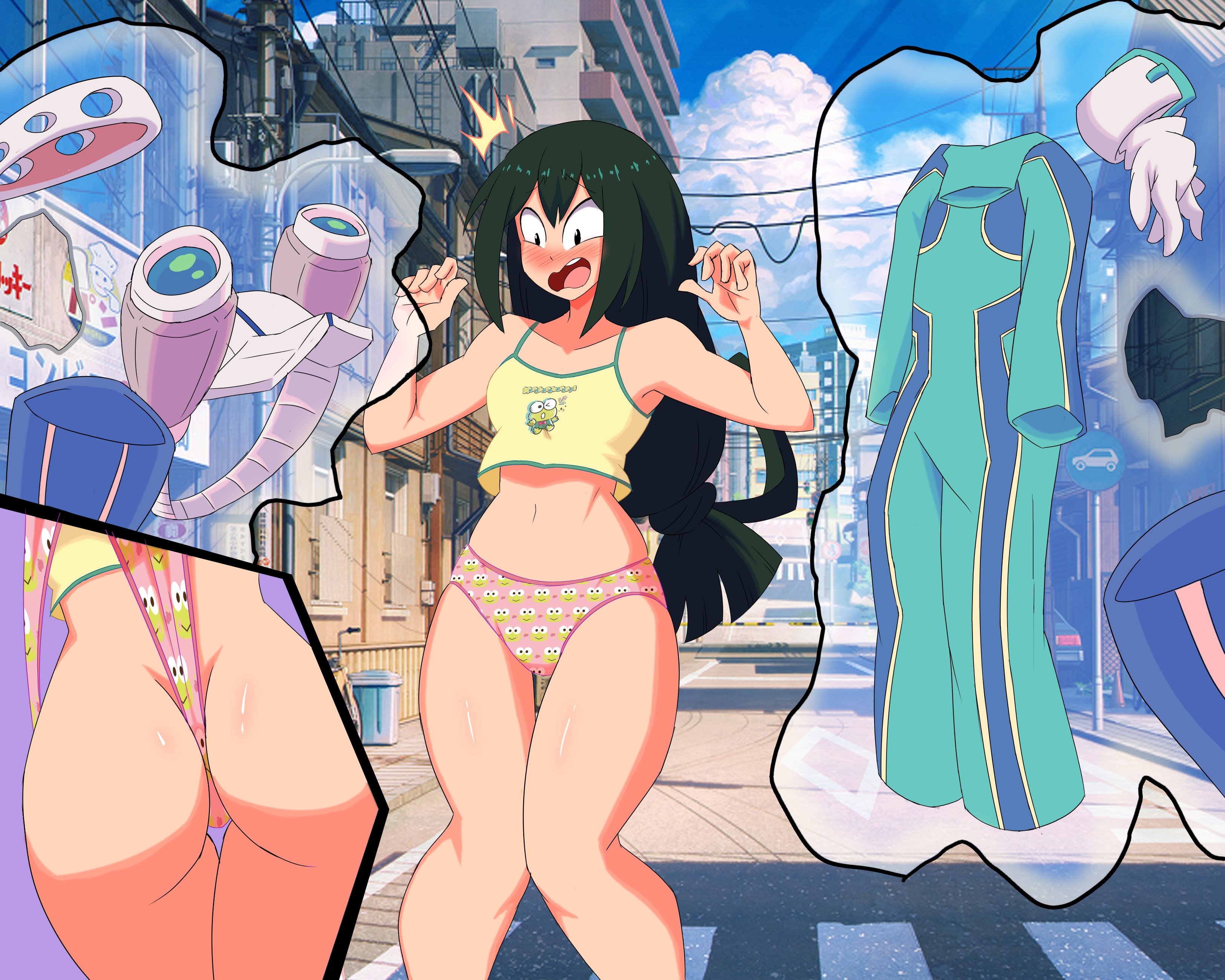 1girls, 2025, armpits, arms up, ass, assisted exposure, black eyes, blush, clothes removed, embarrassed, female, green hair, green-haired female, imsomethingradical, knees together feet apart, long hair, my hero academia, navel, open mouth, panties, panty pull, pink panties, print panties, public, standing, surprised, tagme, thighs, tsuyu asui, wedgie