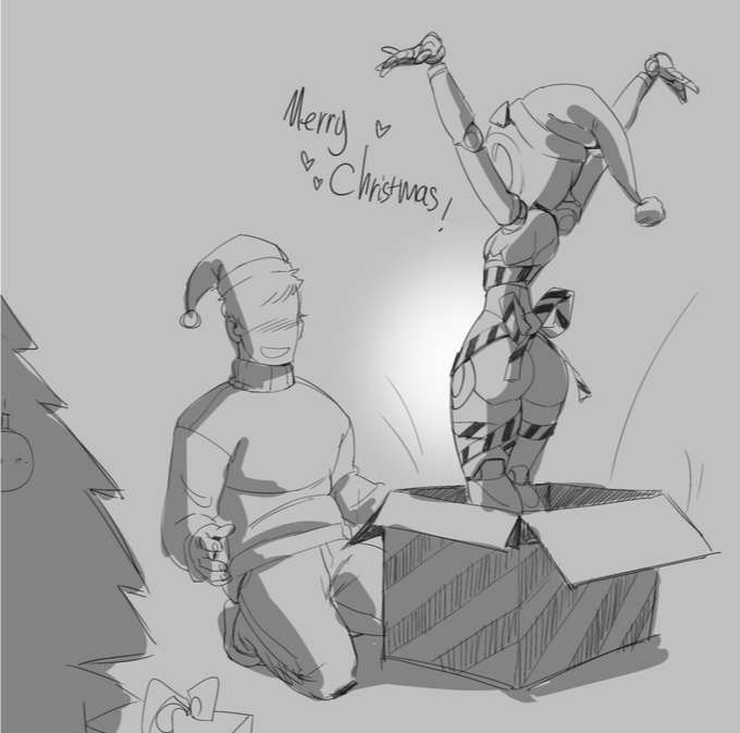 2boys android arms_up ass big_ass big_butt blush boys christmas christmas_outfit christmas_present christmas_tree femboy gift gift_box gift_wrapped greasymeta happy legs male male/male presenting robot robot_femboy robot_neoanthropinae_polynian shamrock_(polynian) size_difference tree