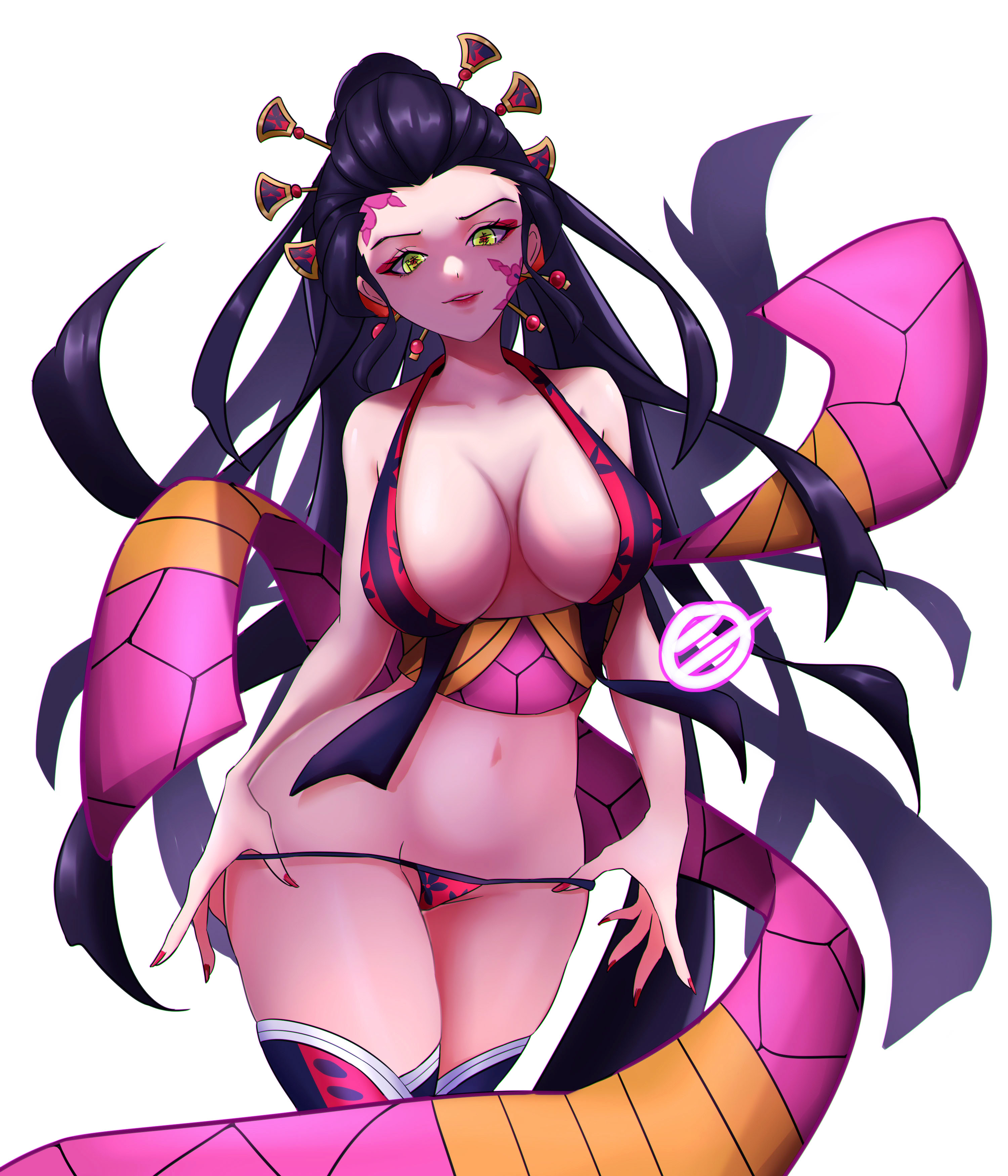 big breasts, black hair, breasts, cleavage, daki (kimetsu no yaiba), demon slayer, facial markings, female, female only, g-string, green eyes, hair ornament, hourglass figure, jrpuls3, kimetsu no yaiba, lingerie, long hair, looking at viewer, makeup, obi, panty pull, red nails, revealing clothes, solo, thighhighs, thin waist, white background, wide hips