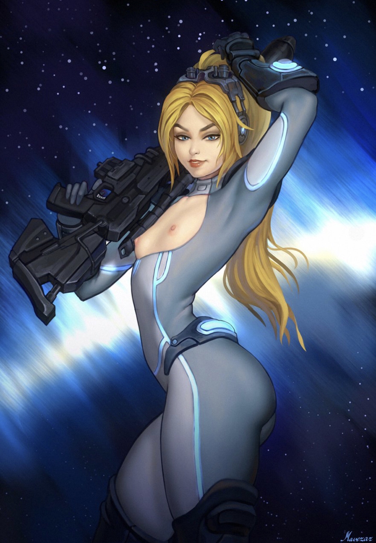 1girls, areolae, blizzard entertainment, blonde hair, bodysuit, breasts, clothed, clothing, edit, exposed breasts, female, female only, functionally nude, ghost (starcraft), gun, human, humanoid, long hair, mavezar, mostly clothed, nipples, nova (starcraft), pale skin, partially clothed, signature, small breasts, solo, solo female, standing, starcraft, terran, text, thick thighs, third-party edit, wide hips