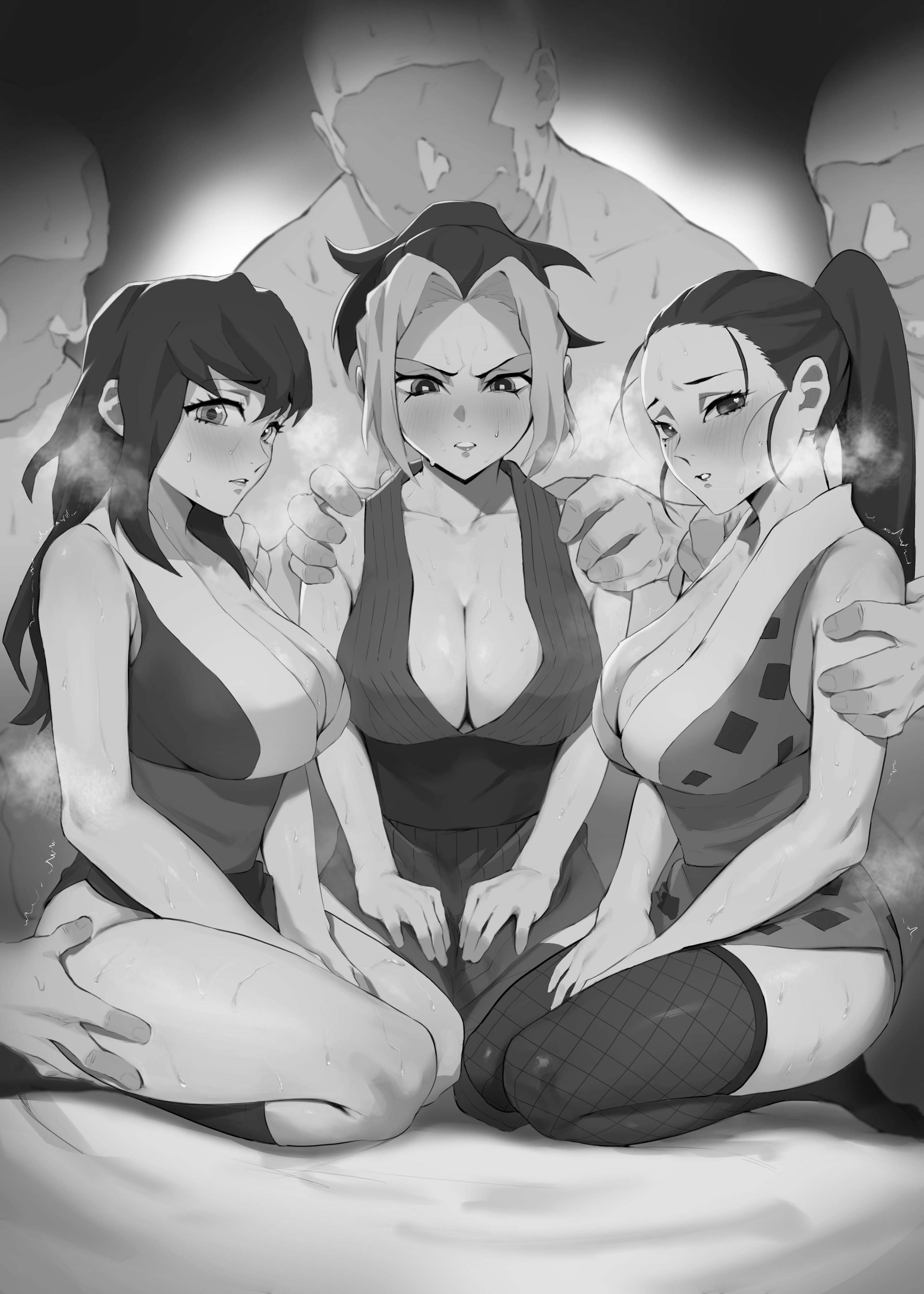 3boys, 3girls, anal, armpits, breasts, cala t maki 72, clothed female nude male, cuckold, demon slayer, faceless male, female, female focus, fishnets, hinatsuru (kimetsu no yaiba), huge breasts, imminent rape, kimetsu no yaiba, kunoichi, makio (kimetsu no yaiba), male, netorare, smile, suma (kimetsu no yaiba), sweat, the wives (kimetsu no yaiba)