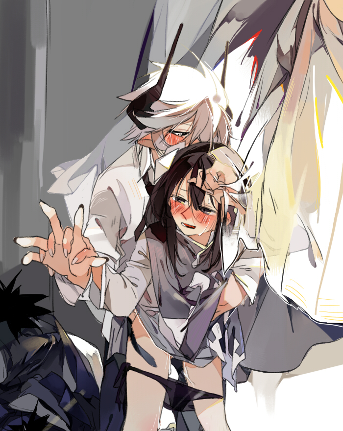 1boy black_hair blush crying_with_eyes_open cum cum_on_body curtains etihw funamusea holding_hands horns kcalb panties_down sex the_gray_garden thighs white_hair