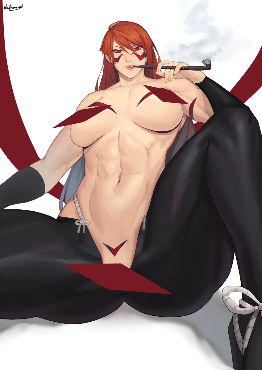 1girls, abs, big breasts, breasts, female, female focus, fuma kotaro (tenkaichi), kiseru, kunoichi, long hair, looking at viewer, matching hair/eyes, muscular, muscular female, nidhoggn, pipe, red eyes, red hair, simple background, smoking pipe, solo, solo female, tattoos, tenkaichi nihon saikyou bugeisha ketteisen, thick thighs, thighs, topless, topless female, watermark, white background