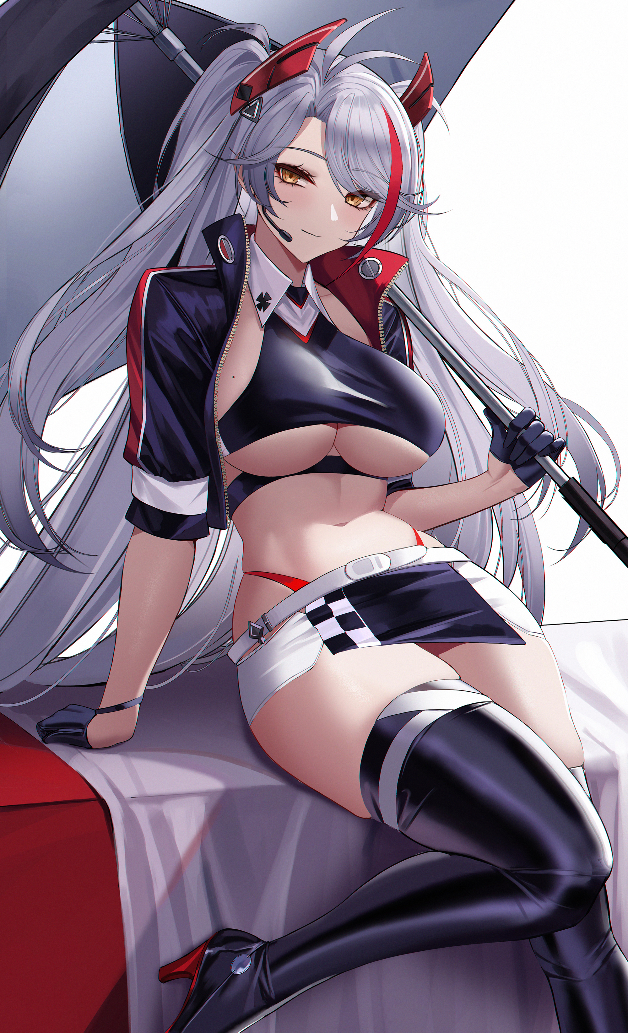 1girls, absurdres, antenna hair, azur lane, bangs, black footwear, black gloves, black jacket, black legwear, boots, breasts, brown eyes, closed mouth, crop top, cropped jacket, eternity (shadeh), female, female only, gloves, half gloves, headgear, high heels, highres, holding, holding umbrella, jacket, large breasts, long hair, looking at viewer, miniskirt, mole, mole on breast, multicolored hair, navel, official alternate costume, open jacket, panty straps, prinz eugen (azur lane), prinz eugen (final lap) (azur lane), silver hair, sitting, skirt, solo, streaked hair, thigh boots, thighhighs, thighs, underboob, very long hair, white background