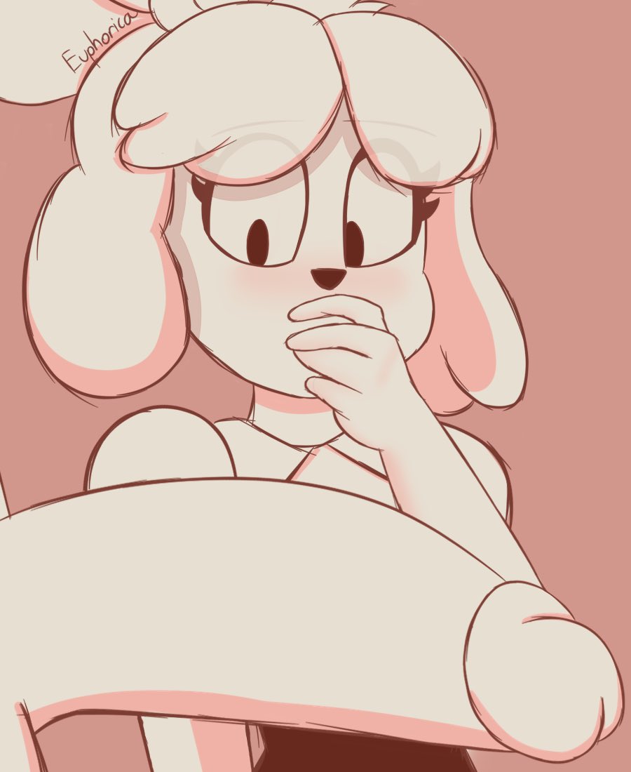 2021, animal crossing, anthro, blush, clothed, clothing, covering, covering mouth, duo, embarrassed, erection, euphorica, eye through hair, female, fur, genitals, hair, humanoid genitalia, humanoid penis, isabelle (animal crossing), looking at genitalia, looking at penis, looking down, male, male/female, nintendo, penis, penis awe, simple background, topwear, translucent, translucent hair, uncensored, video games