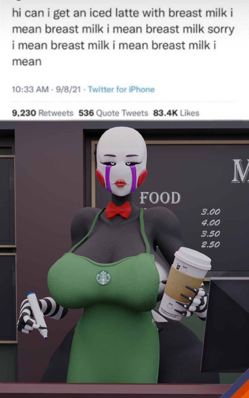 3d, 3d (artwork), artist request, barely visible nipples, big breasts, boobs, breasts, classic fnaf 2 marionette, classic fnaf 2 puppet, female, five nights at freddy's, iced latte with breast milk, marionette (fnaf), meme, original fnaf 2 marionette, original fnaf 2 puppet, puppet (fnaf), solo, solo female, sunr4y, sunr4y w0rksh0p, tagme, thick thighs, thighhighs, thighs
