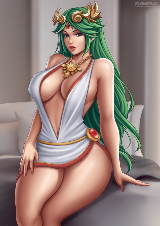 1girls, alternate breast size, big breasts, breasts, clothing, female, female only, flowerxl, green eyes, green hair, hips, kid icarus, large breasts, long hair, looking at viewer, nintendo, palutena, pinup, sitting, solo, thick thighs, tiara, wide hips