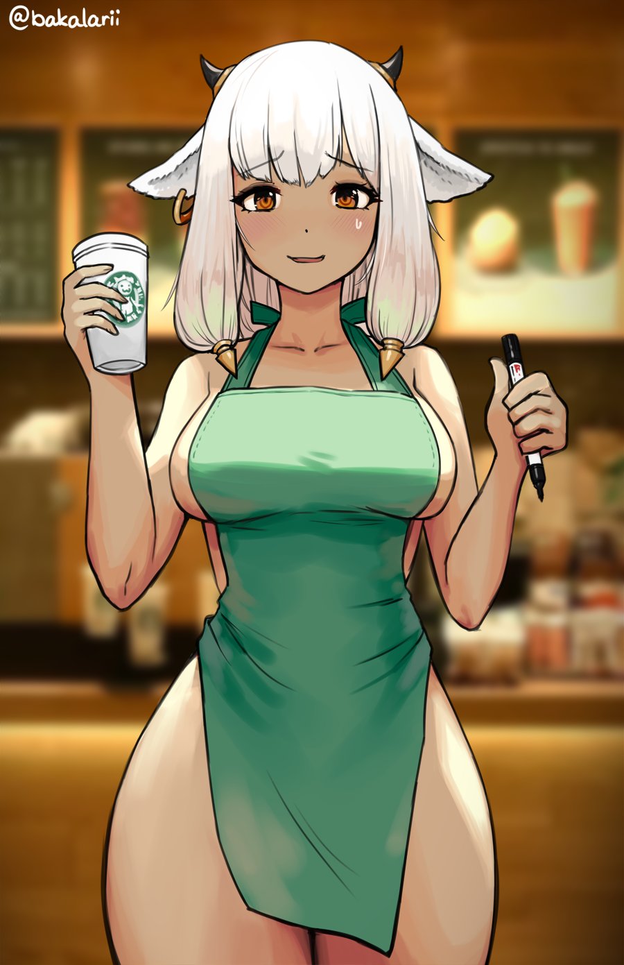 1girls, akalari, animal ears, apron, ash (fire emblem), bakalarii, bangs, bare thighs, barista, black horns, blurry, blurry background, blush, breasts, brown eyes, collarbone, cow ears, cow girl, cow horns, cup, dark skin, dark-skinned female, disposable cup, ear piercing, eyebrows visible through hair, female, female only, fire emblem, fire emblem heroes, green apron, highres, holding, holding cup, horns, iced latte with breast milk, looking at viewer, meme, naked apron, nintendo, piercing, solo, starbucks, thighs, twitter username, white hair