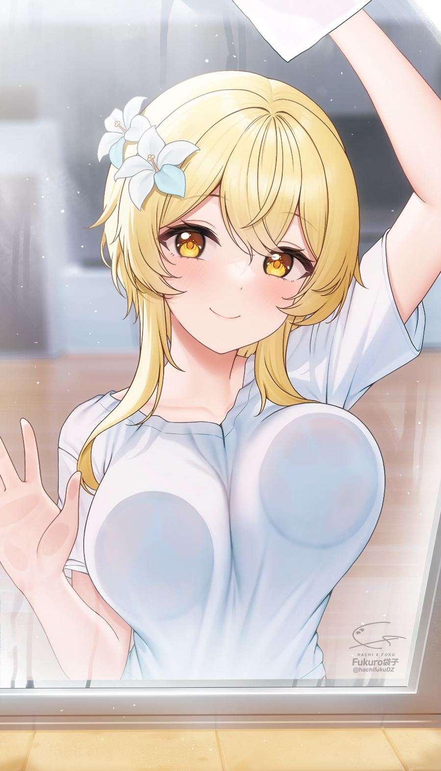 1girls, against glass, arm up, bangs, big breasts, blonde, blonde hair, blush, breasts, breasts against glass, brown eyes, collarbone, detailed background, female, flower, flower in hair, fukuro ko (greentea), genshin impact, glass, hair between eyes, huge breasts, large breasts, looking at viewer, lumine (genshin impact), short hair, smile, solo, white shirt, yellow eyes
