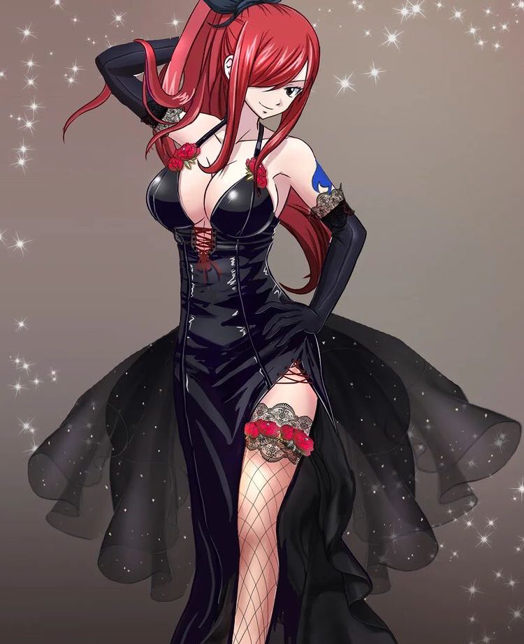 1girls, arm tattoo, blue tattoo, breasts, dress, erza scarlet, fairy tail, fairy tail mark, female, red hair, red-haired female, tattoo