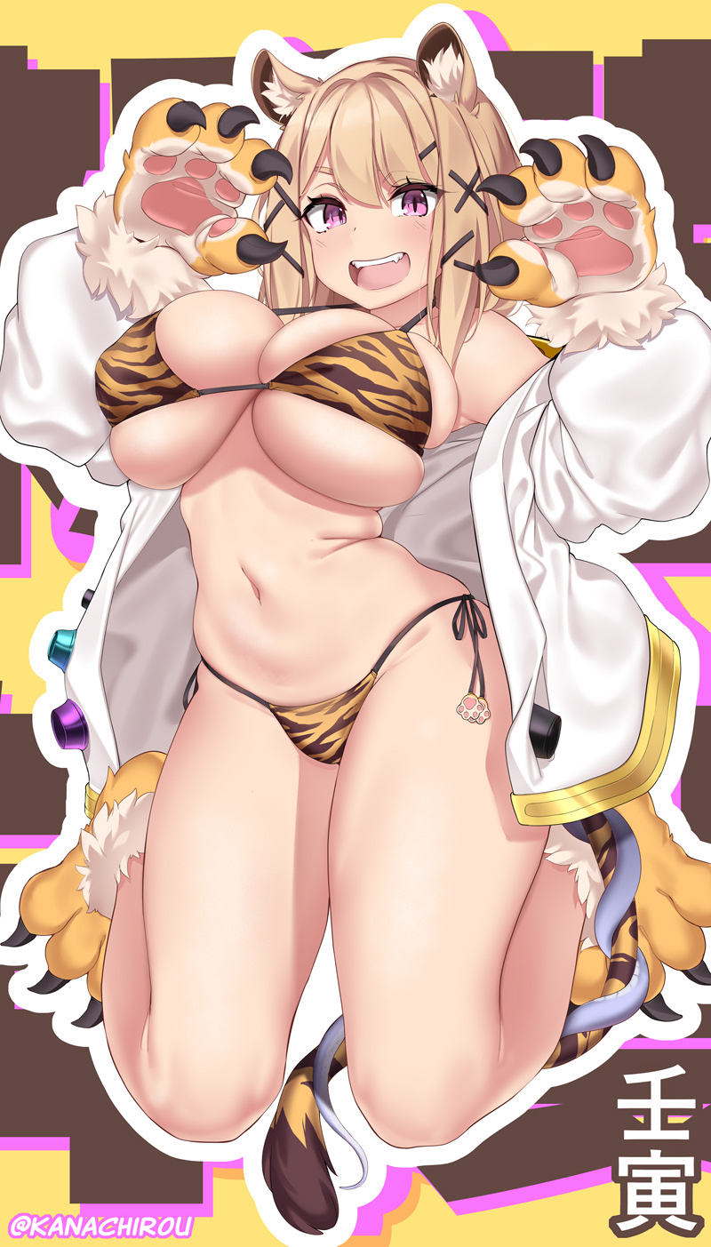 animal_ear_fluff animal_ears animal_hands animal_print arknights armpits arms_up artist_name bangs bare_shoulders bikini blonde_hair blush breasts claws cleavage covered_nipples eyebrows_visible_through_hair female fur-trimmed_gloves fur_trim gloves hair_ornament hairclip highres jacket kanachirou kneeling large_breasts long_hair long_sleeves looking_at_viewer multicolored_background multiple_tails navel open_clothes open_jacket open_mouth paw_gloves paw_shoes print_bikini purple_eyes side-tie_bikini solo strap_gap swimsuit tail teeth thighs tiger_ears tiger_print tiger_tail twitter_username underboob upper_teeth utage_(arknights) white_jacket x_hair_ornament year_of_the_tiger