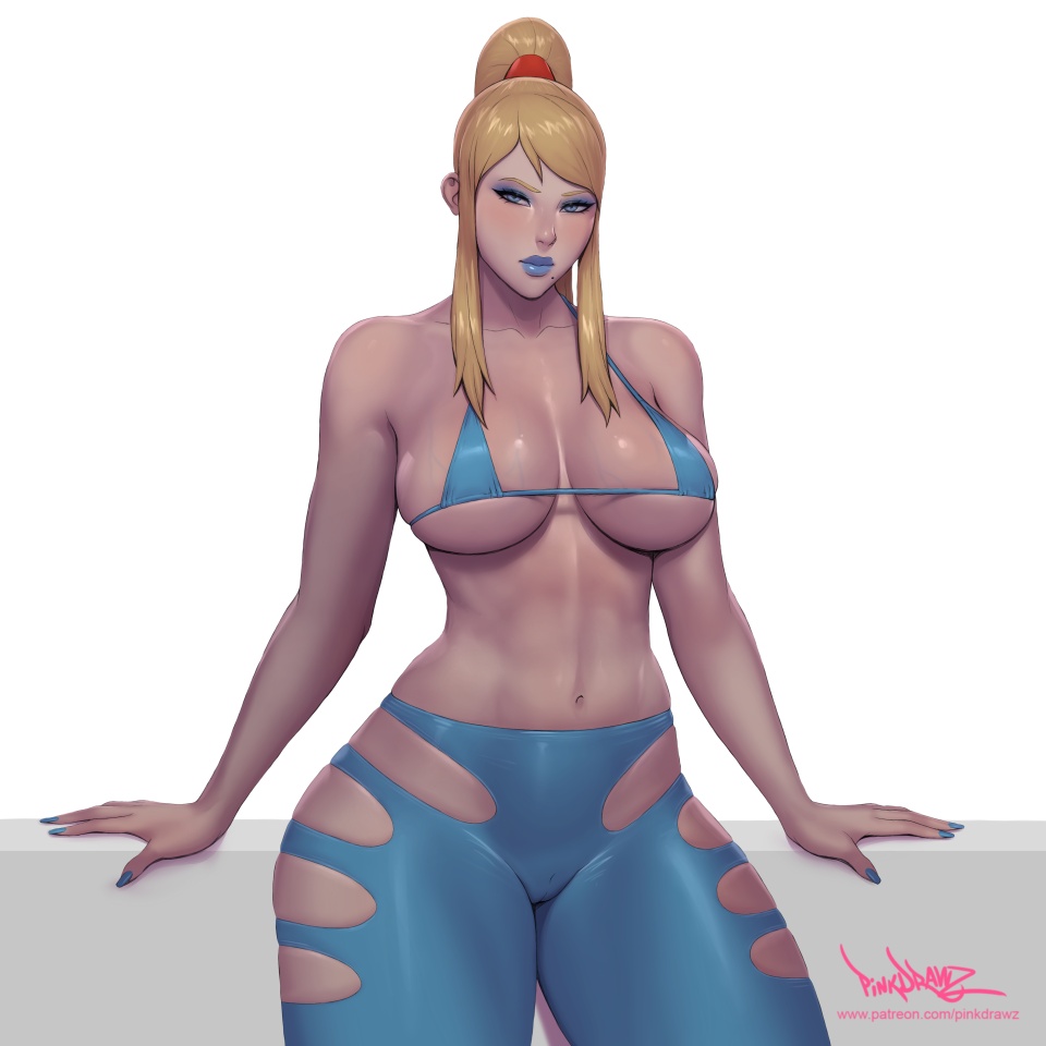 1girls belly belly_button big_breasts bikini bikini_top bimbo blonde_hair blue_eyes blue_lips blue_lipstick blue_nail_polish blue_nails bodysuit curvaceous curvy curvy_body curvy_female curvy_figure large_breasts lipstick makeup metroid nail_polish pinkdrawz pinup ponytail revealing_clothes samus_aran simple_background slutty_outfit small_waist thick_thighs voluptuous wide_hips yoga_pants