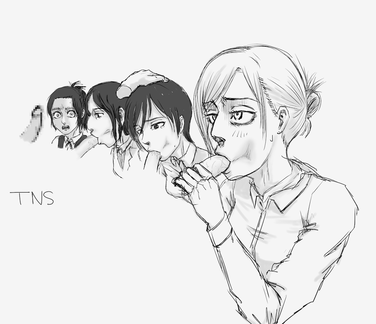 4girls, annie leonhardt, attack on titan, big penis, blonde hair, blowjob, dark hair, fellatio, female, forced oral, gabi braun, hand on head, imminent oral, imminent sex, long hair, male, mikasa ackerman, oral, penis, pieck finger, shingeki no kyojin, shocked expression, short hair, smaller female, tns, uniform, vacuum fellatio