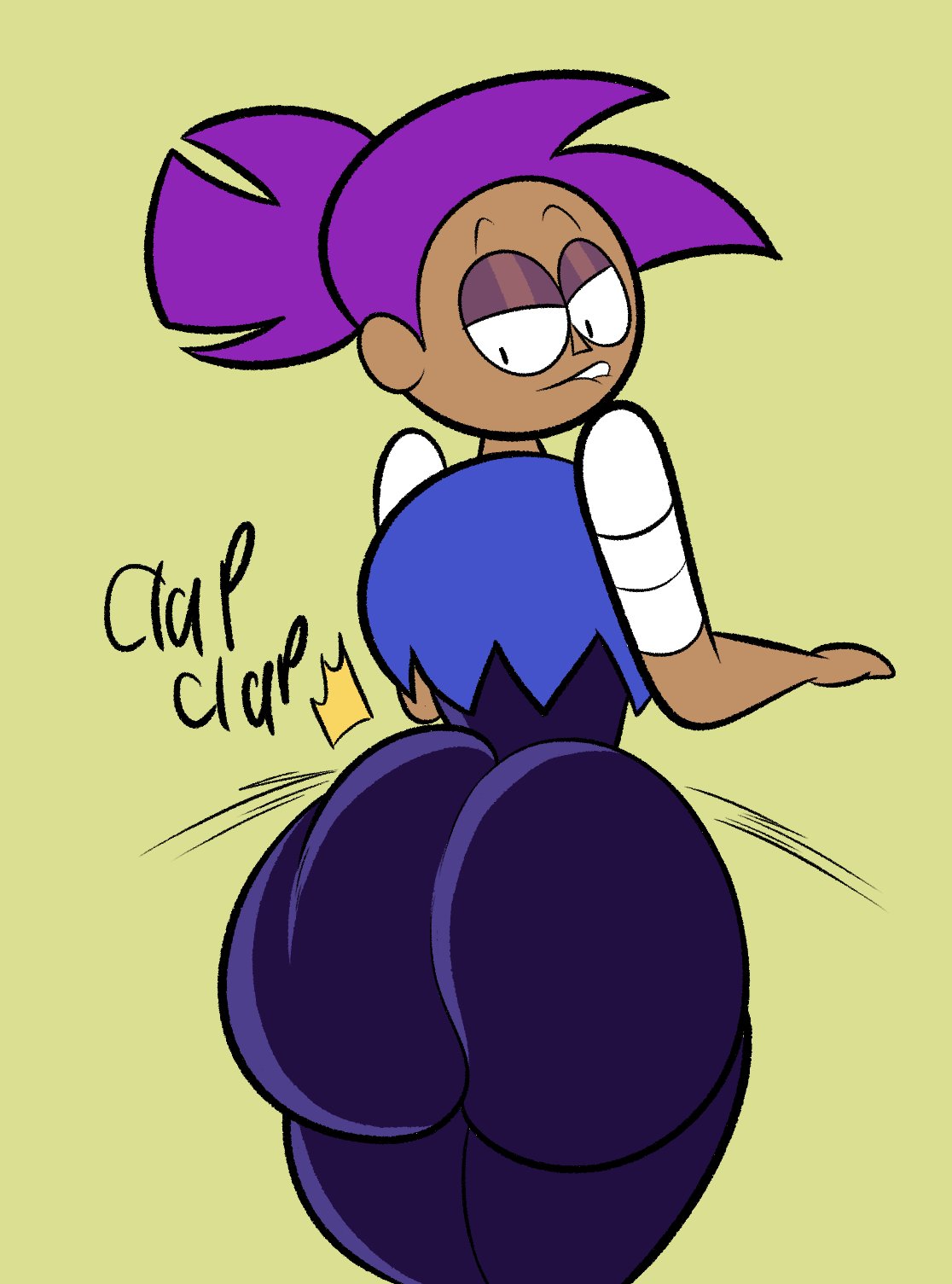 1girls 2022 ass_clapping big_ass biting_lip biting_own_lip black_eyes black_pants clapping_cheeks cute dark-skinned_female dark_skin enid eyeshadow female female_only lip_bite looking_back oboithisisfunky ok_k.o.!_let's_be_heroes pants purple_eyeshadow purple_hair tagme twerking