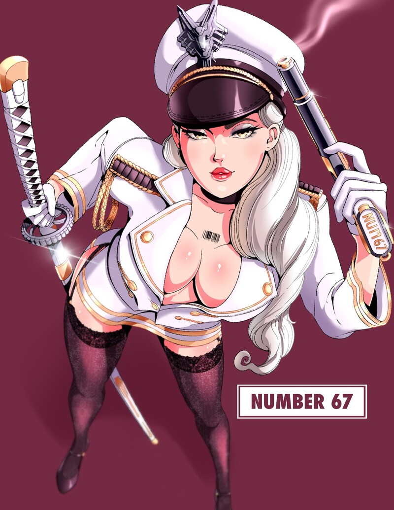 curvy curvy_female female gun gun_smoke handgun katana militarily_uniform military red_lipstick uniform white_hair zumi_(original_character)