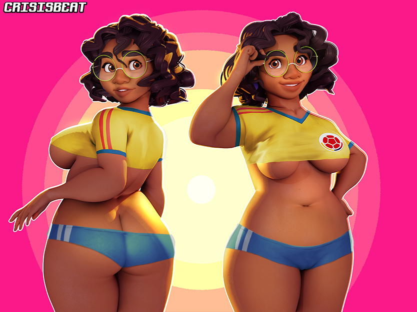 1girls, aged up, ass, ass cleavage, ass crack, breasts, butt crack, cameltoe, chubby, colombian, colombian female, crisisbeat, dark skin, dark-skinned female, disney, encanto, federacion colombiana del futbol, female, female only, glasses, latina, minishorts, mirabel madrigal, pussy, soccer uniform, sports uniform, text, underboob