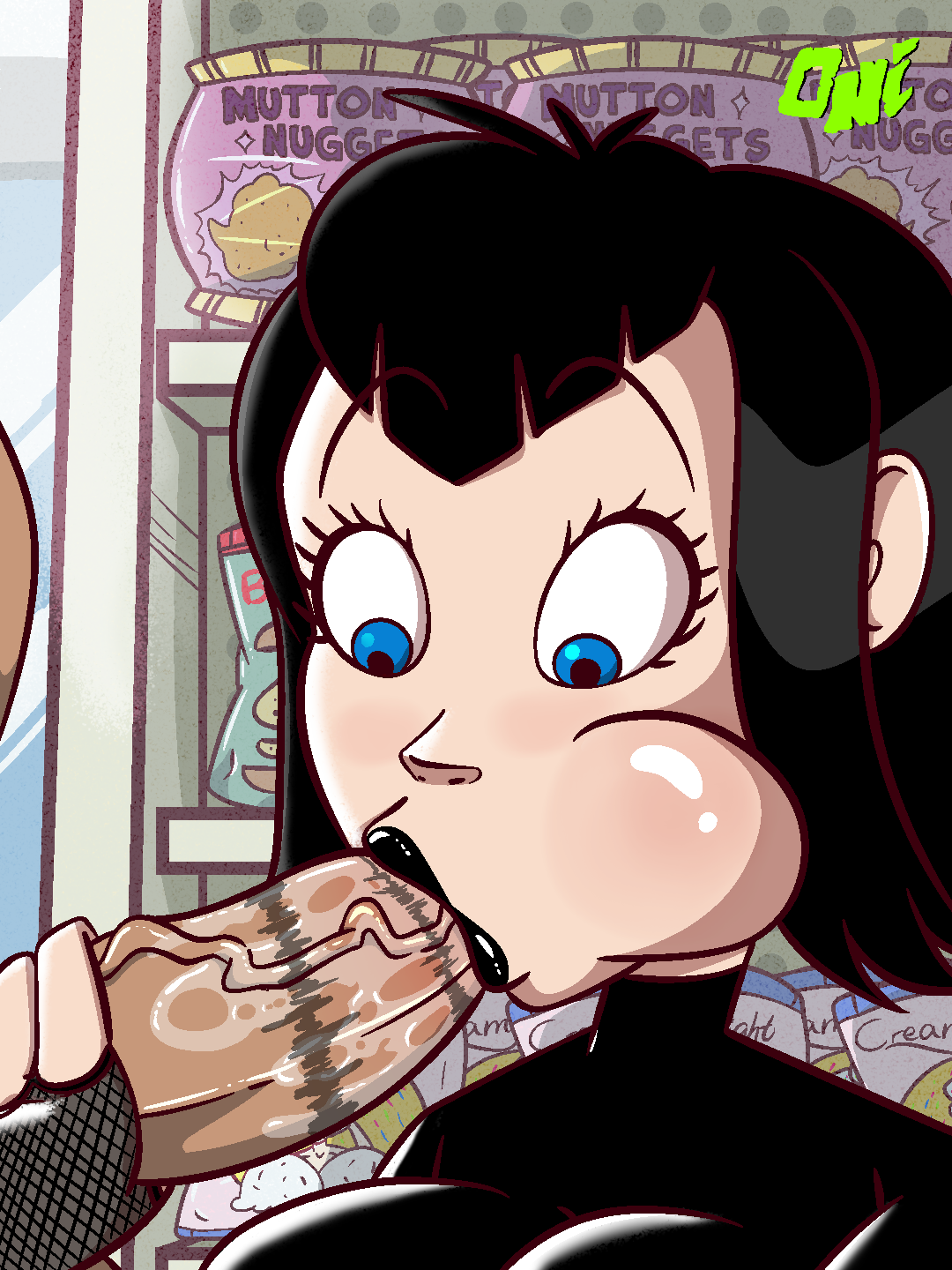 1boy, 1girls, black lipstick, cheek bulge, fellatio, female, goth, hotel transylvania, lipstick, lipstick mark, lipstick on penis, male, mavis dracula, oniartist, oral, penis, solo focus, straight, tagme, unseen male face, vampire