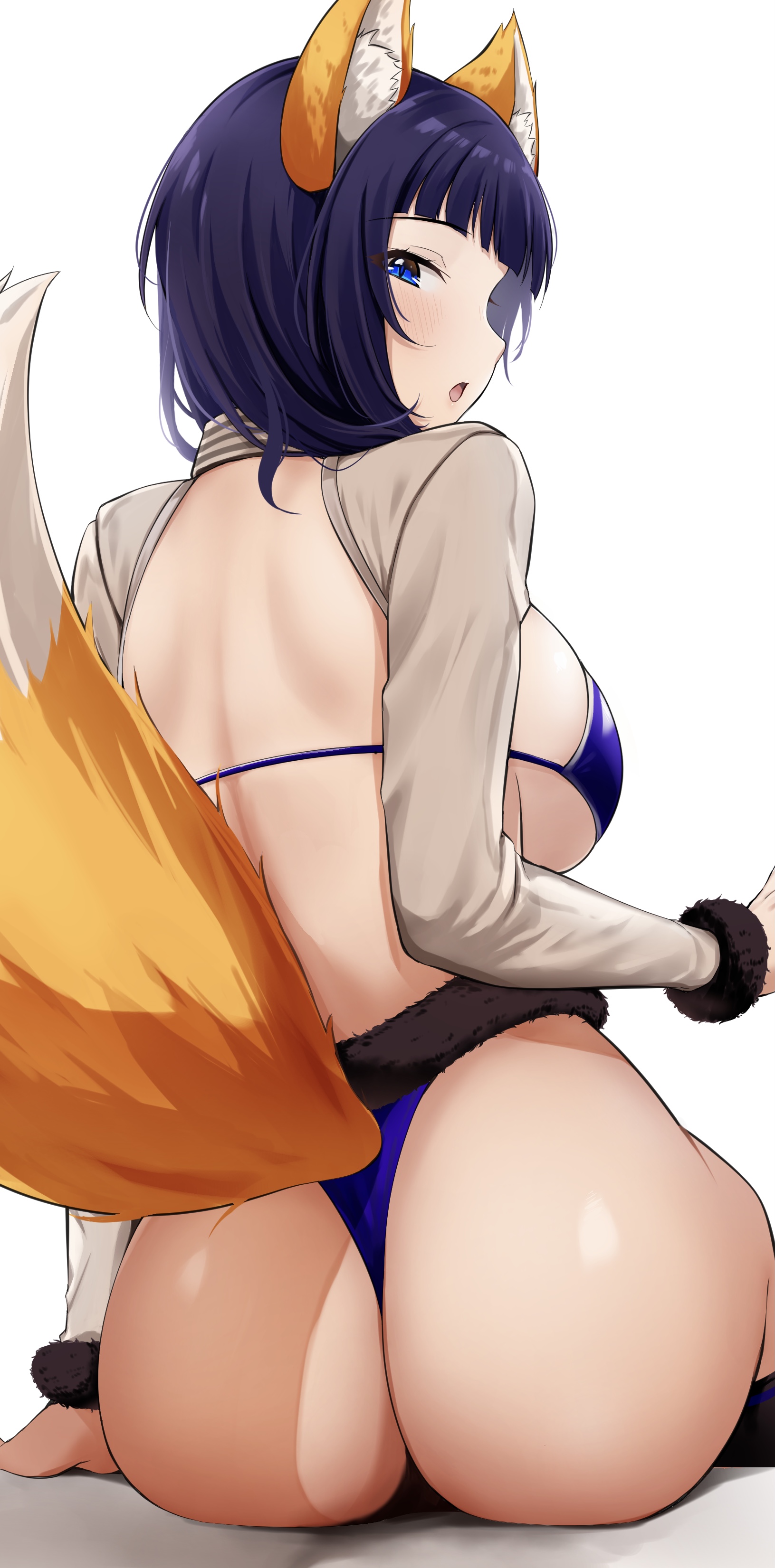1girls, asaka karin, ass, big ass, big butt, blue eyes, fat ass, female, female only, fox ears, fox tail, kitaku jikan (ktk jkn), large ass, looking at viewer, looking back, love live!, love live! nijigasaki high school idol club, solo, solo female, thick, thick ass