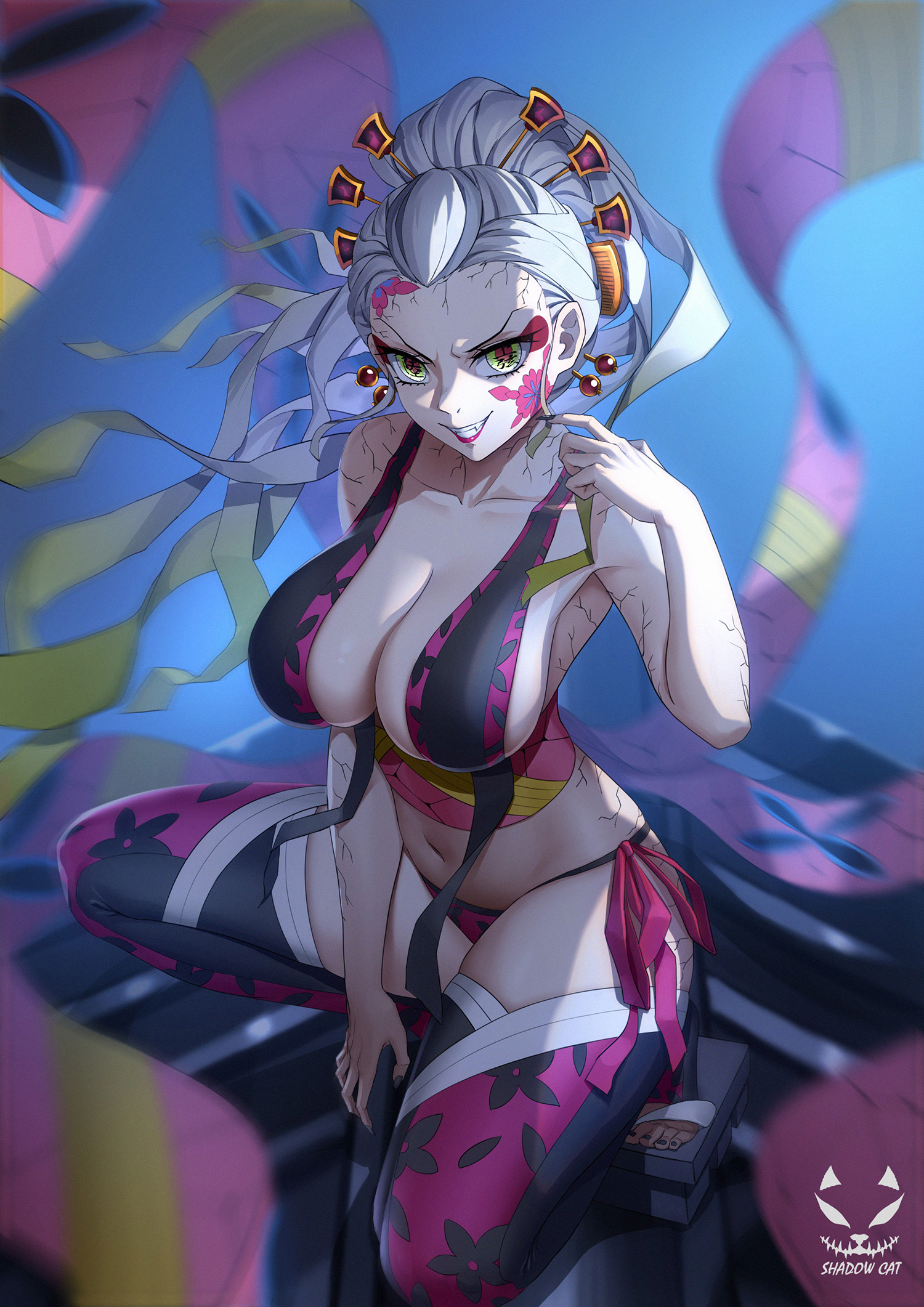 alternate version available, big breasts, breasts, cleavage, crouching, daki (kimetsu no yaiba), demon, demon girl, demon slayer, eyeshadow, facial markings, fangs, female, female only, geta, gradient hair, hair ornament, huge breasts, kimetsu no yaiba, light skin, light-skinned female, lingerie, long hair, looking at viewer, makeup, multicolored eyes, navel, obi, pale skin, pale-skinned female, platform footwear, red lipstick, revealing clothes, shadow cat, side-tie panties, sideboob, smile, solo, thighhighs, tied hair, toeless legwear, two-tone hair, veins, white hair