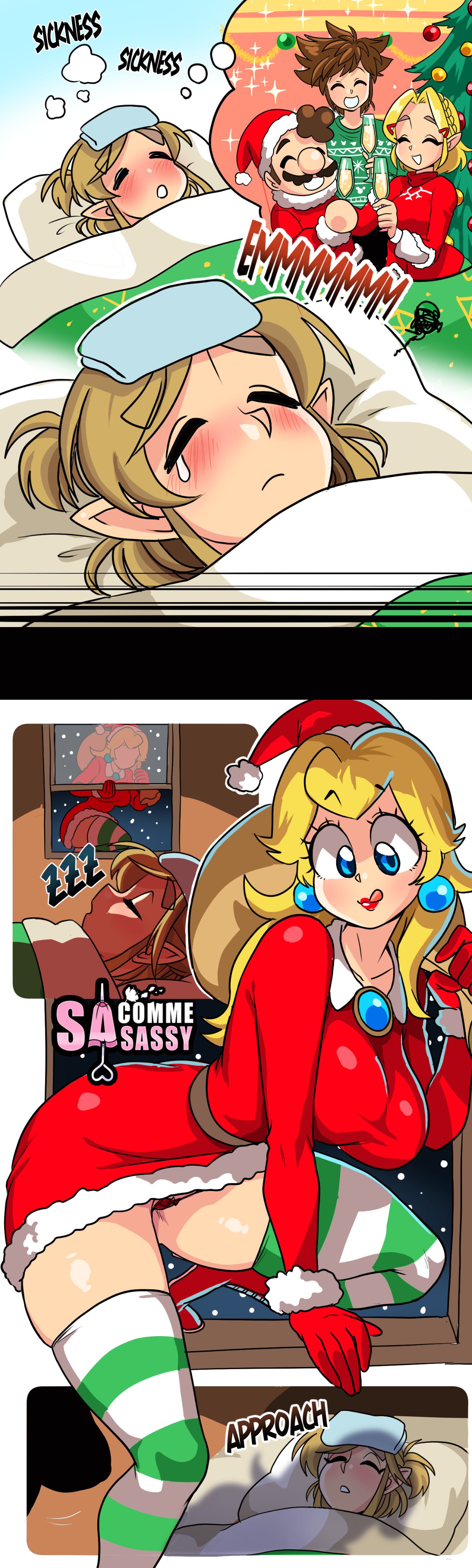 2girls, 3boys, breasts, cameltoe, christmas, comic, crossover, disney, female, huge breasts, kingdom hearts, link, male, mario, mario (series), multiple boys, multiple females, multiple girls, multiple males, nintendo, princess peach, princess zelda, pussy, santa costume, sasatseng, sick, sleeping, sora, sora (kingdom hearts), square enix, super smash bros., tears of the kingdom, the legend of zelda, thick thighs, wide hips, zelda (tears of the kingdom)