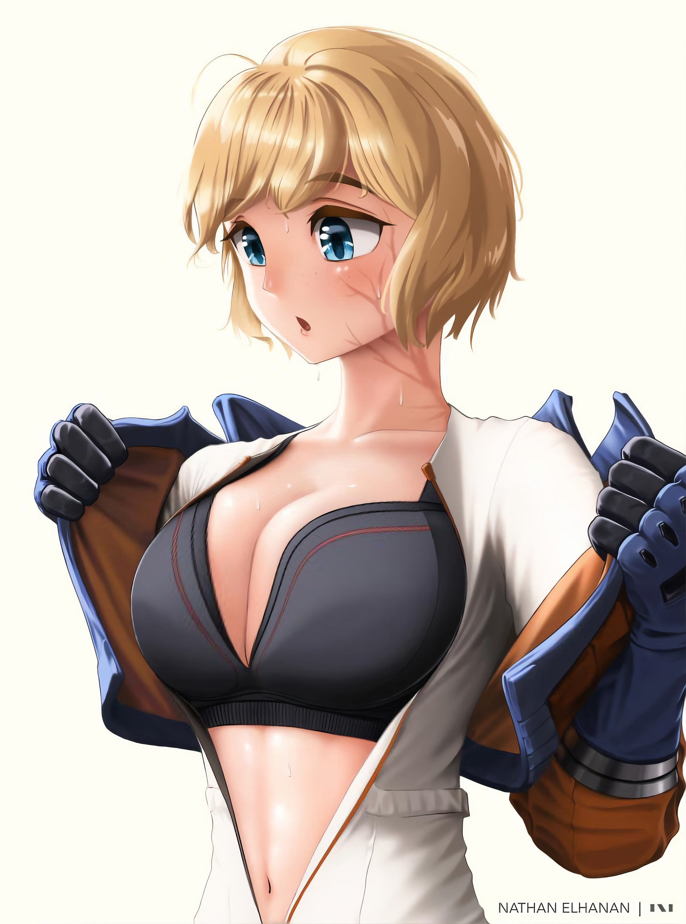 1girls, apex legends, big breasts, bra, breasts, breasts out, female, female only, human, human only, humanoid, large breasts, lichtenberg figure, looking at another, scar, simple background, solo, solo female, stretched clothing, sweat, sweaty, sweaty breasts, tight clothes, tight clothing, tights, wattson (apex legends)