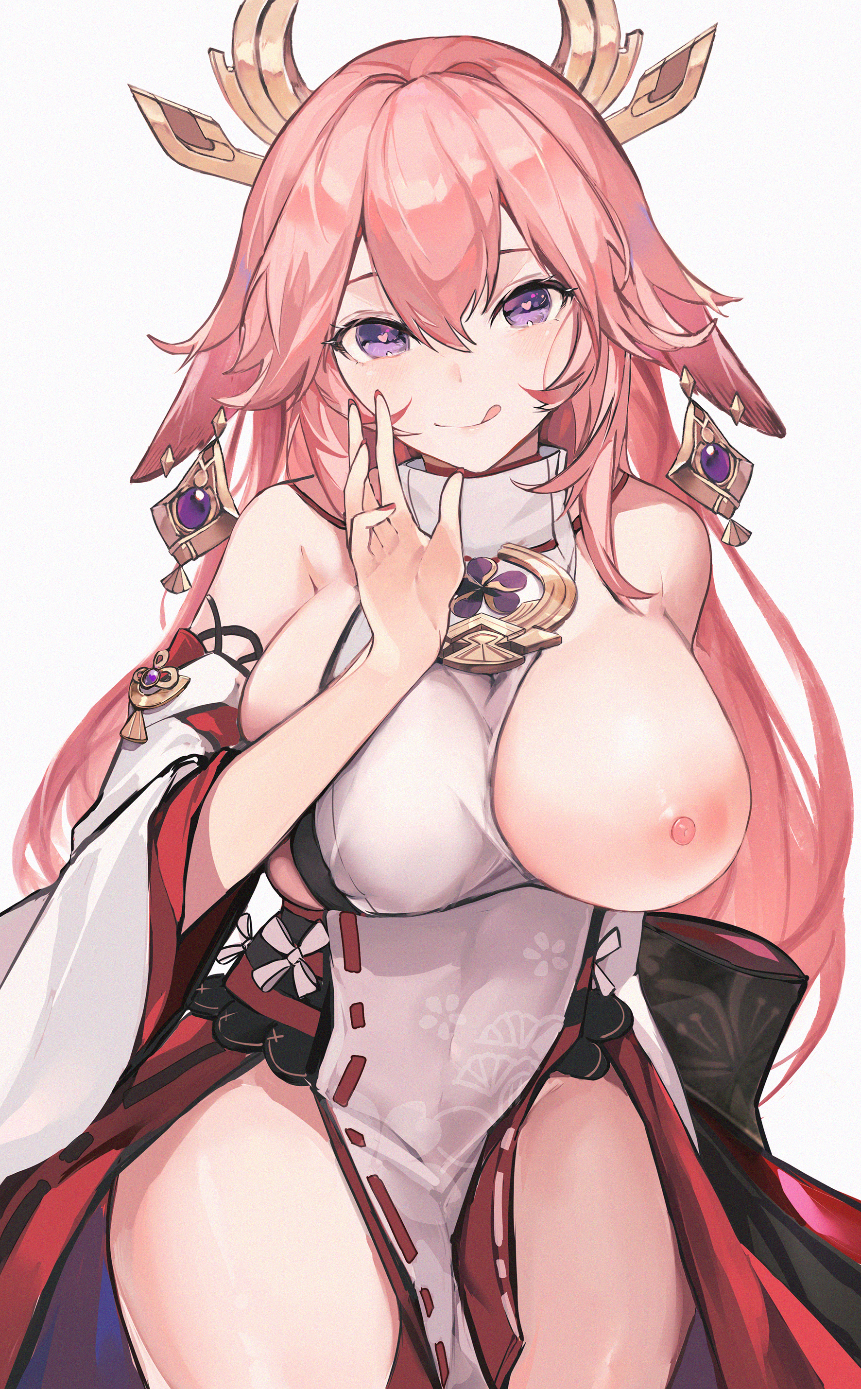 :d, 1girls, areolae, breast outside, breasts, breasts out, exposed breasts, fanshu, female, genshin impact, hair accessory, heart-shaped pupils, highres, large breasts, long hair, nipples, one breast out, pink hair, purple eyes, seductive, smile, solo, tagme, tongue, tongue out, white background, yae miko