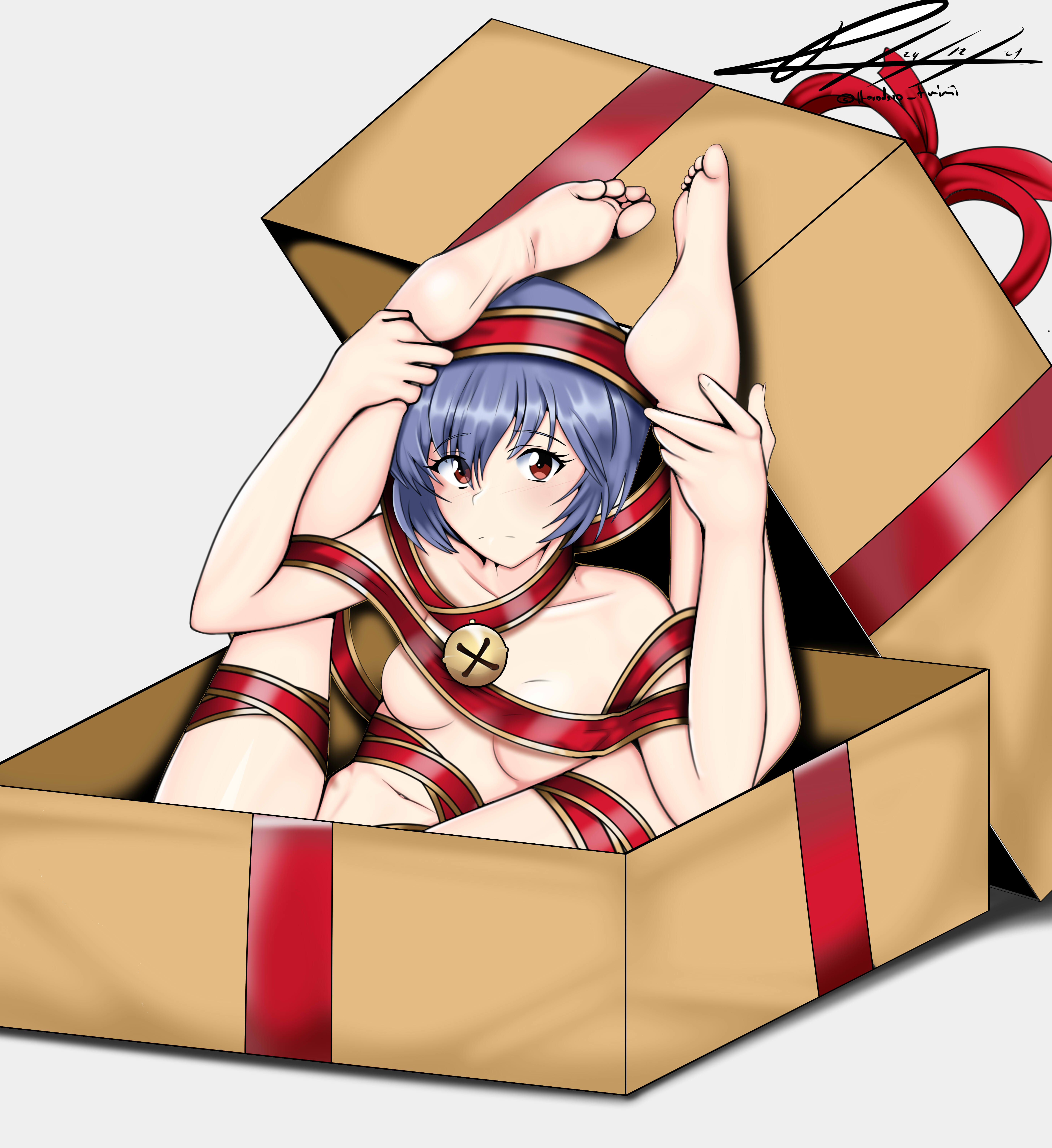 absurd res, barefoot, blue hair, blush, breasts, christmas, feet, feet together, feet up, female, foot focus, gift, highres, legs, legs up, looking at viewer, neon genesis evangelion, nude, partially clothed, present, presenting, red eyes, rei ayanami, ribbon, ribboned body, short hair, small breasts, soles, solo, solo female, toes