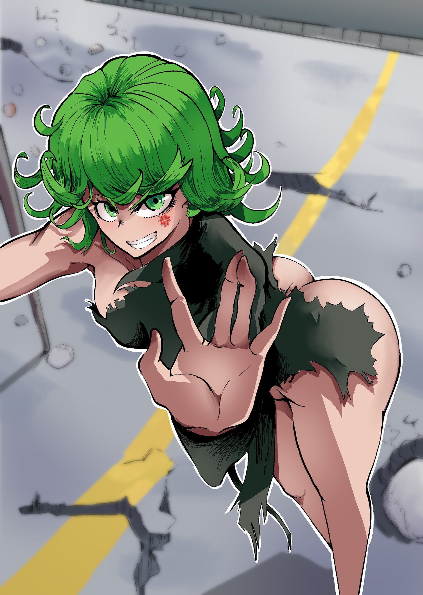 1girls, angry, ass, bent over, blurry background, bottomless, breasts, clothed, clothing, curly hair, ejzero, female, female only, green eyes, hand, human, light skin, light-skinned female, looking at viewer, one-punch man, outline, pale skin, partially clothed, small breasts, standing, tatsumaki, torn clothes