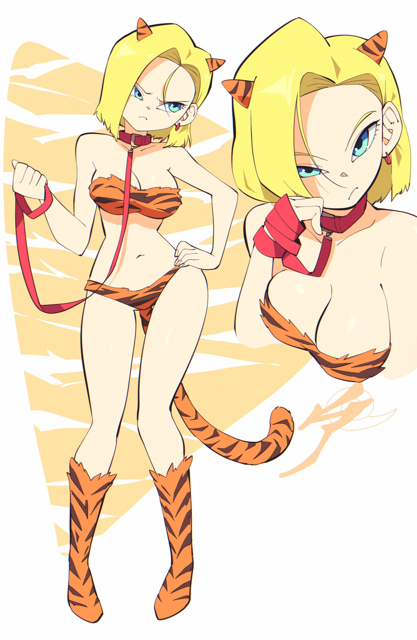 1girls, aetherion art, alternate costume, android 18, animal print, animal tail, bikini, blonde hair, blue eyes, boots, breasts, clothing, collar, dragon ball, dragon ball z, earrings, embarrassed, female, female only, footwear, full body, hand on hip, hi res, horns, jewelry, looking at viewer, looking away, medium breasts, navel, short hair, simple background, solo, standing, strapless, striped, swimsuit, tail, tiger print, tiger tail
