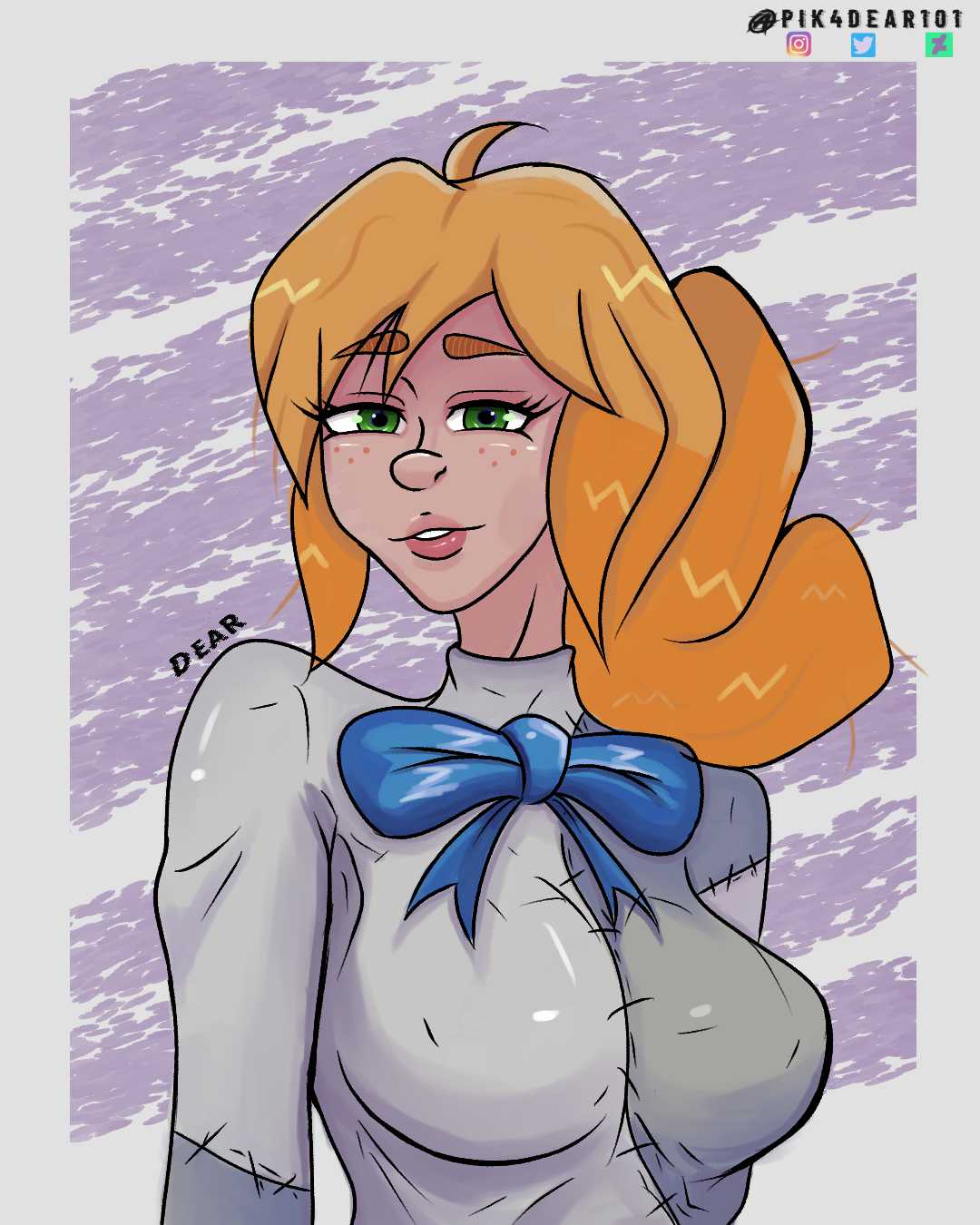 blonde hair, blue bow, female, female human, five nights at freddy's, five nights at freddy's: security breach, green eyes, pik4dear, solo, tagme, vanessa (fnaf), vanny (fnaf)